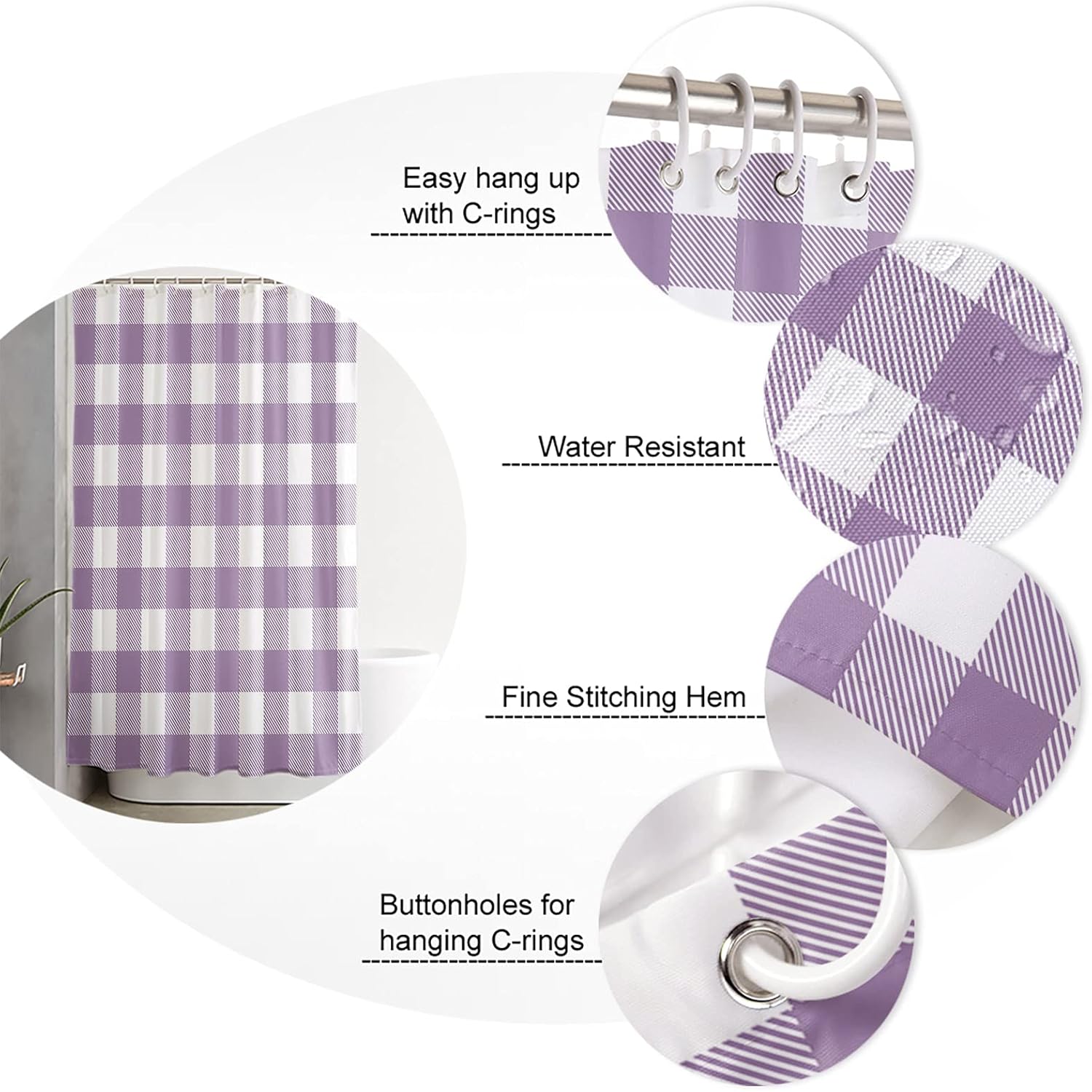 TocaHome 60x72in Purple and White Tartar Plaid Waterproof Shower Curtain Set