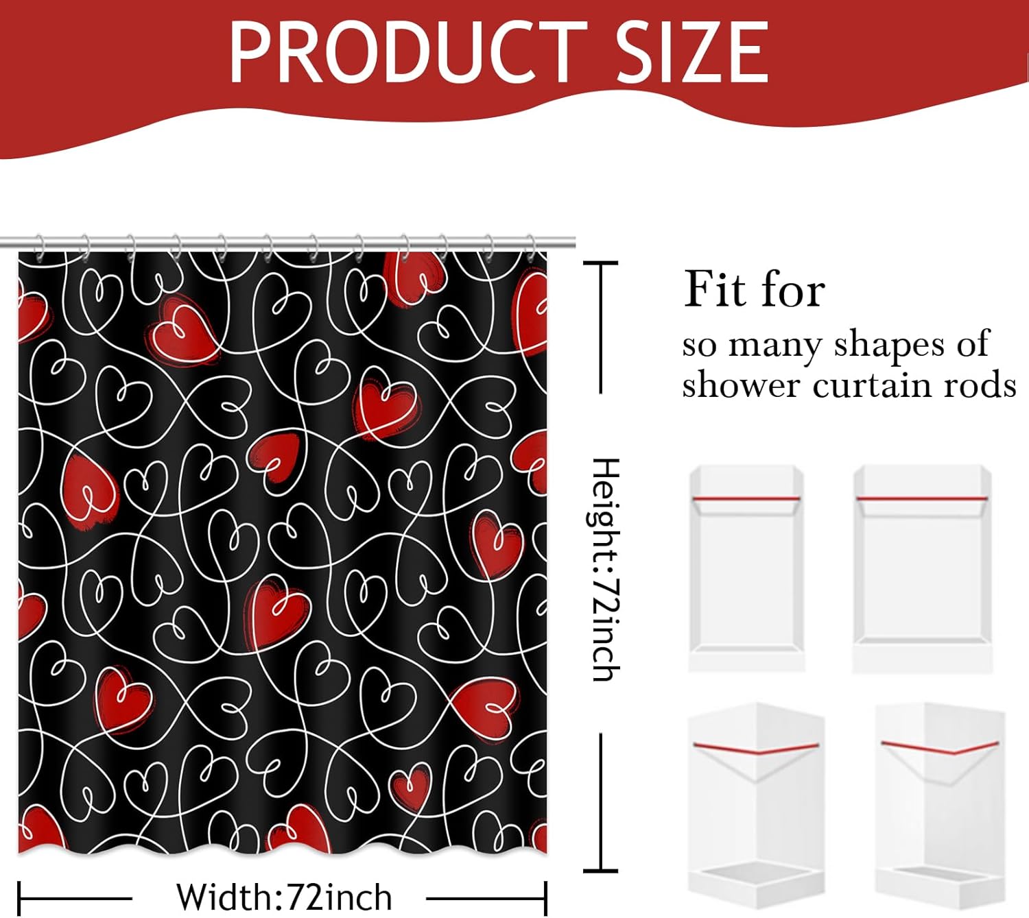 Valentines Day Gift - Black Heart Shower Curtain with 12 Hooks