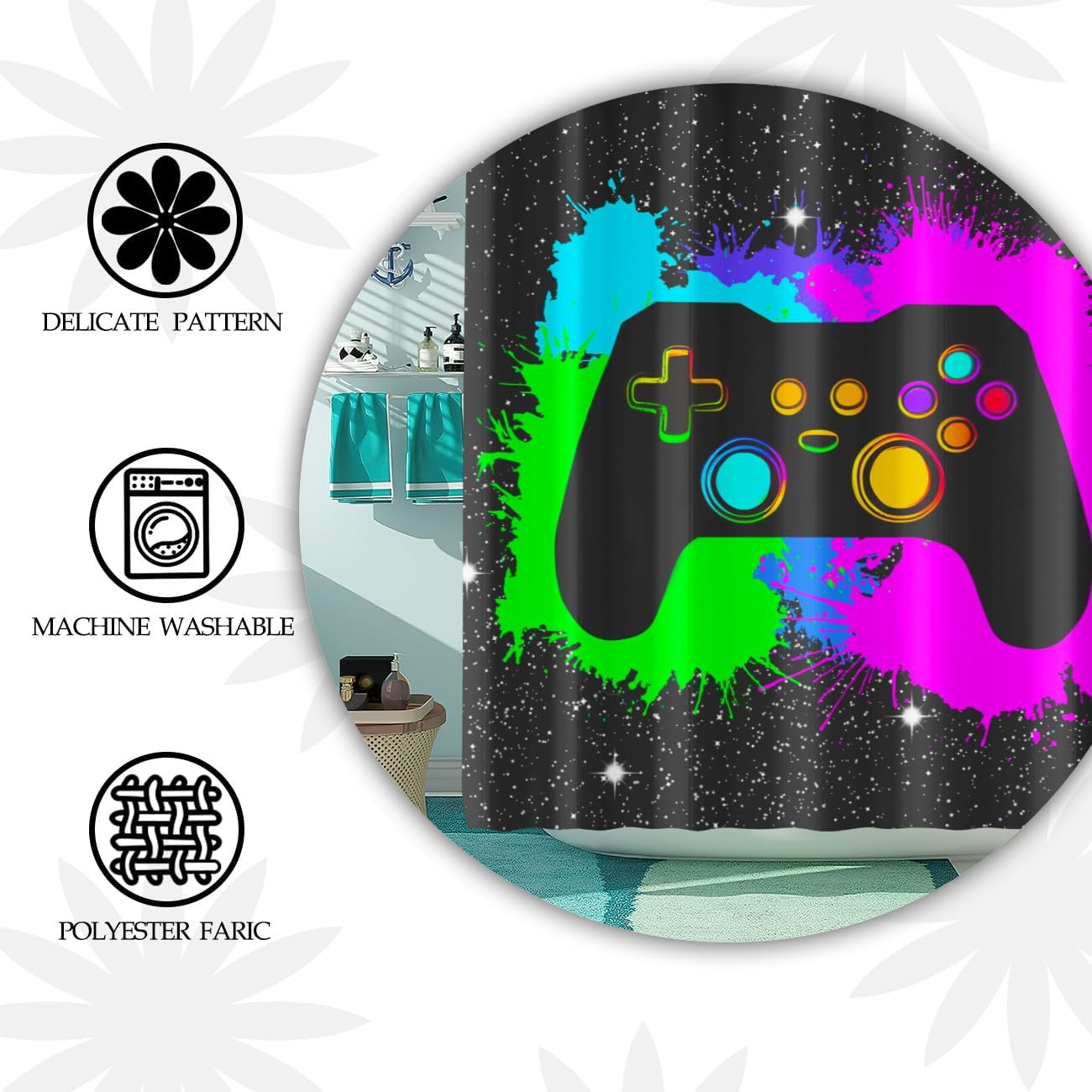 Boys Gaming Shower Curtain Set Graffiti Gamepad Themed - 12 HooksEasy Install