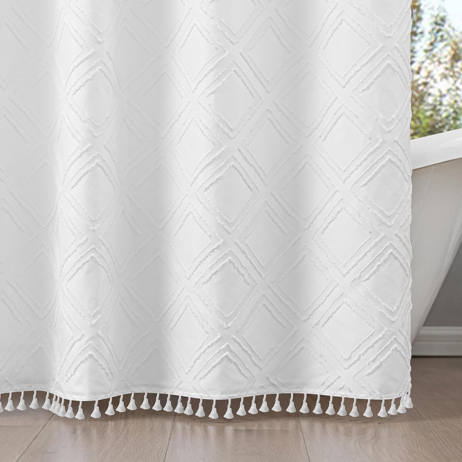 ROSERY No Hook Shower Curtain Set with Boho Farmhouse Jacquard Tufted Geometric Striped