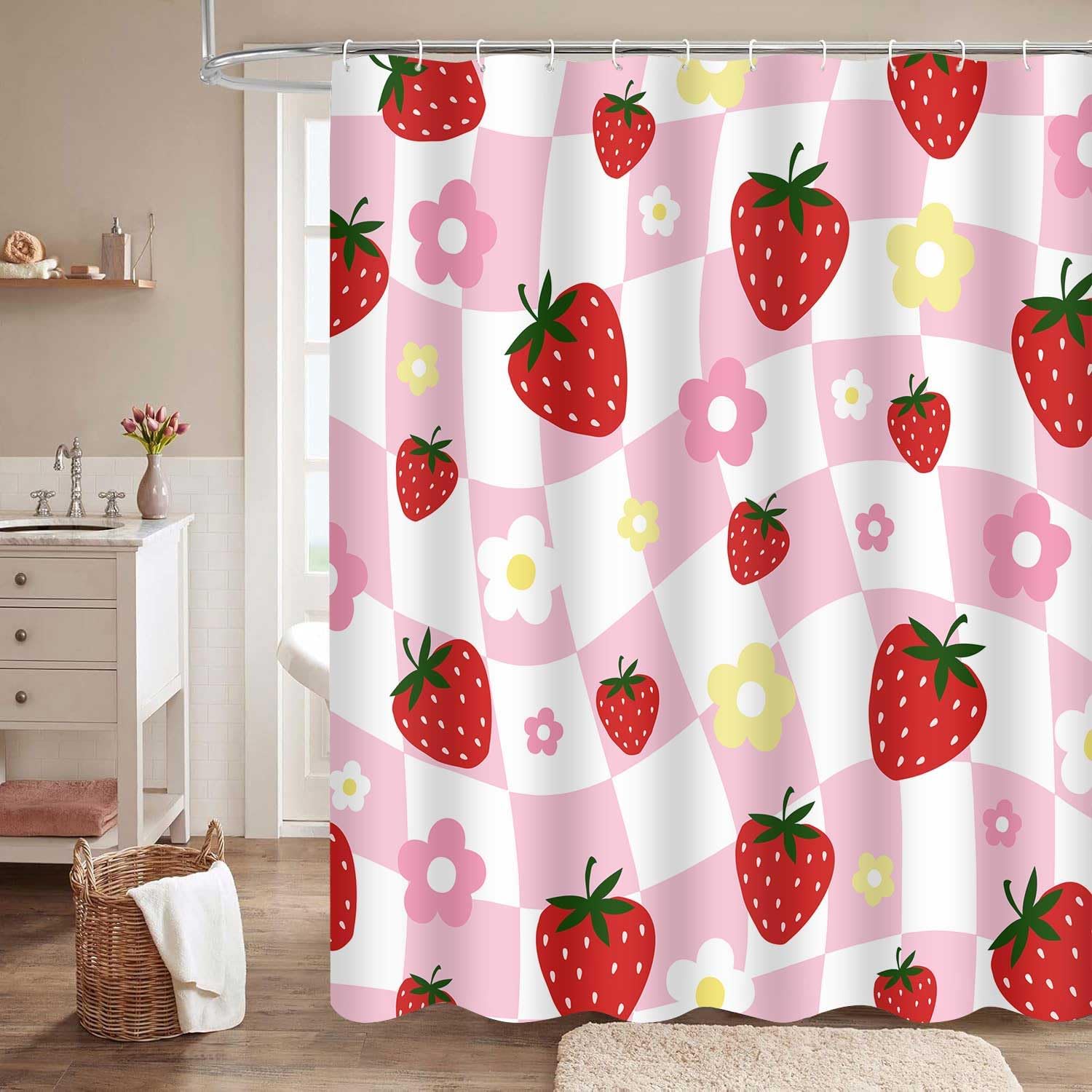 Strawberry Shower Curtain Retro Girly Design for Bathroom Decor
