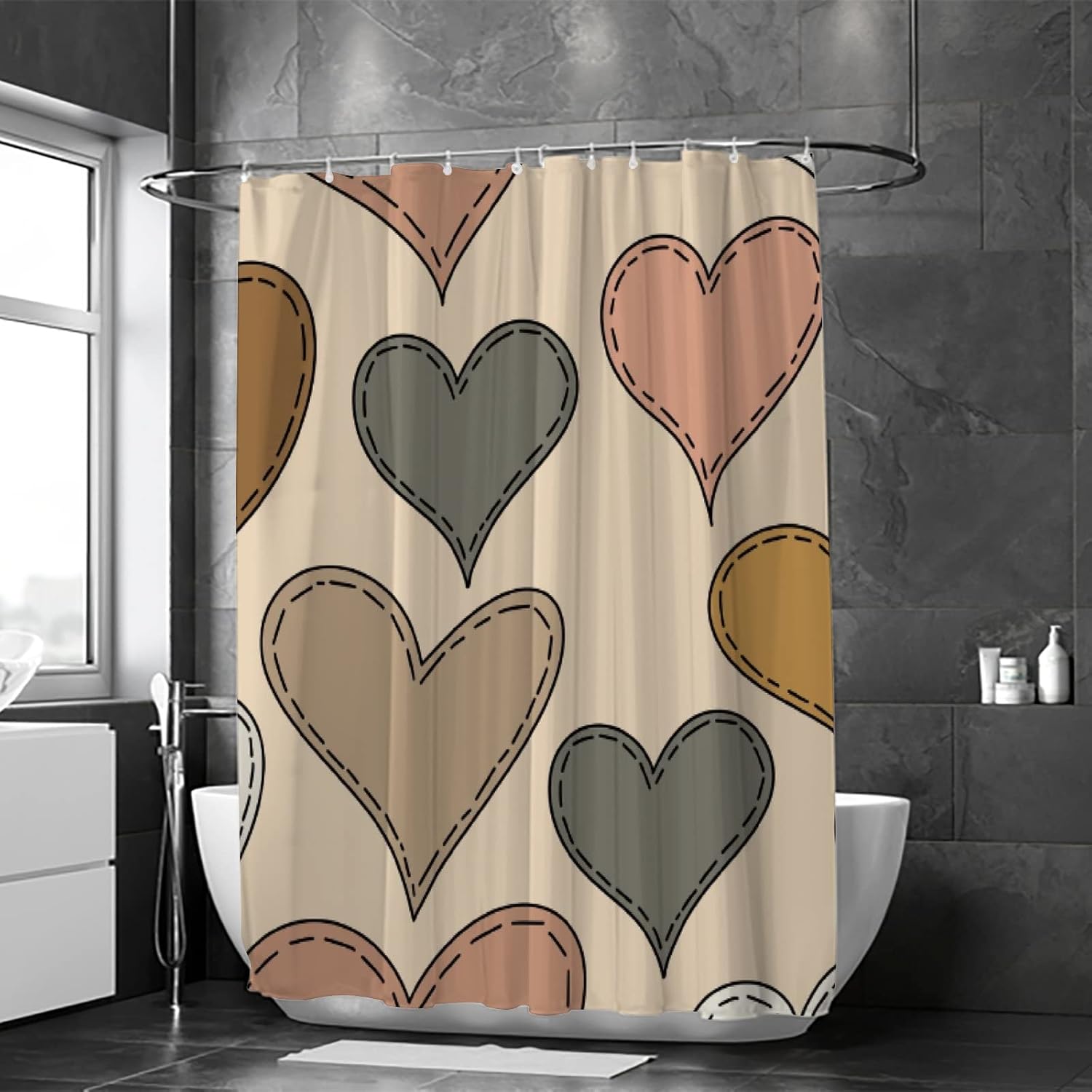Waterproof Washable Shower curtain with 12 Hooks Heart Design Durable Bathroom Essential