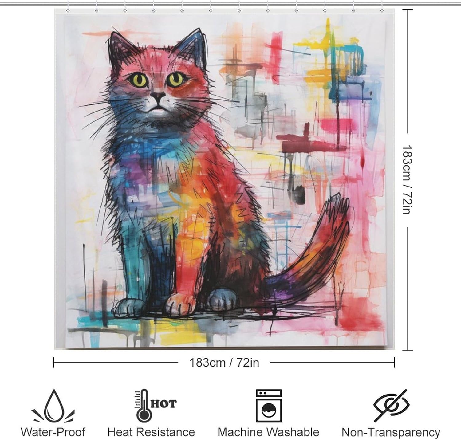 Cute Cat Shower Curtain with 12 Hooks 72x72in