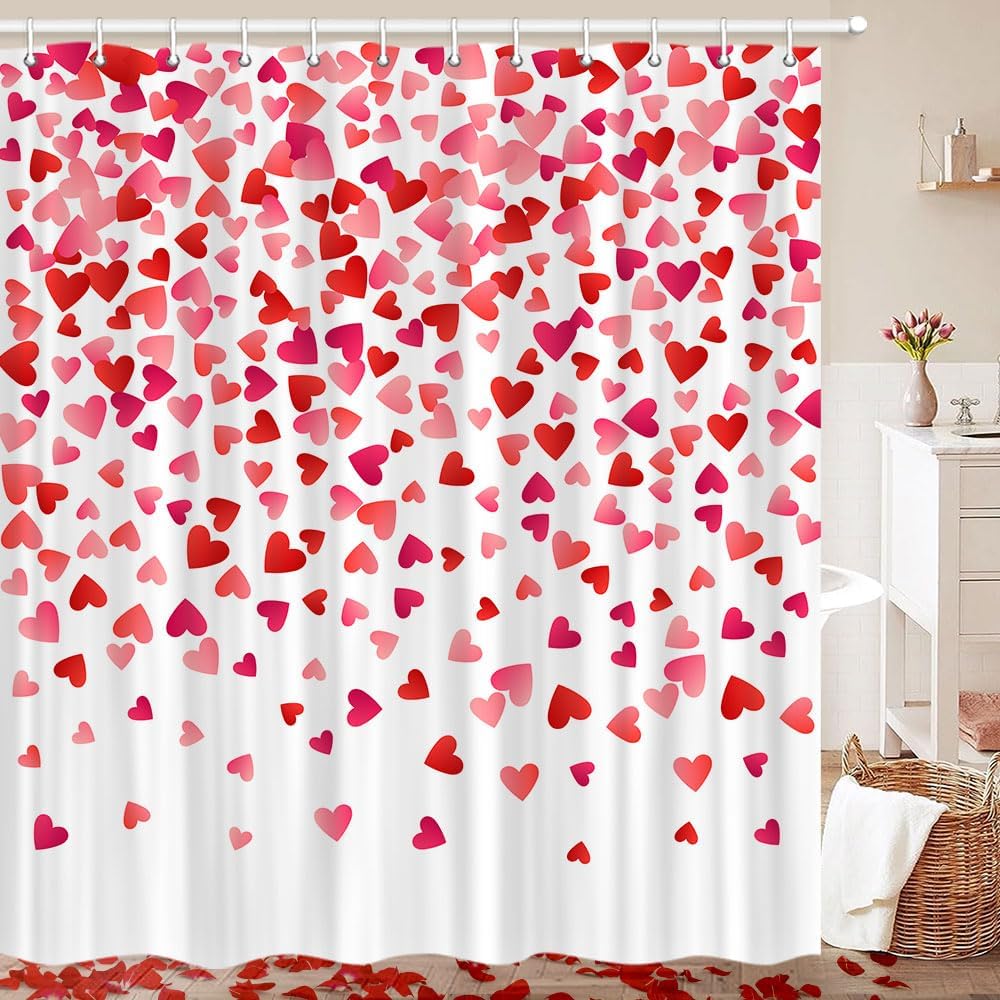JAWO Valentines Falling Red Heart Shower Curtain Set 70x70 inch
