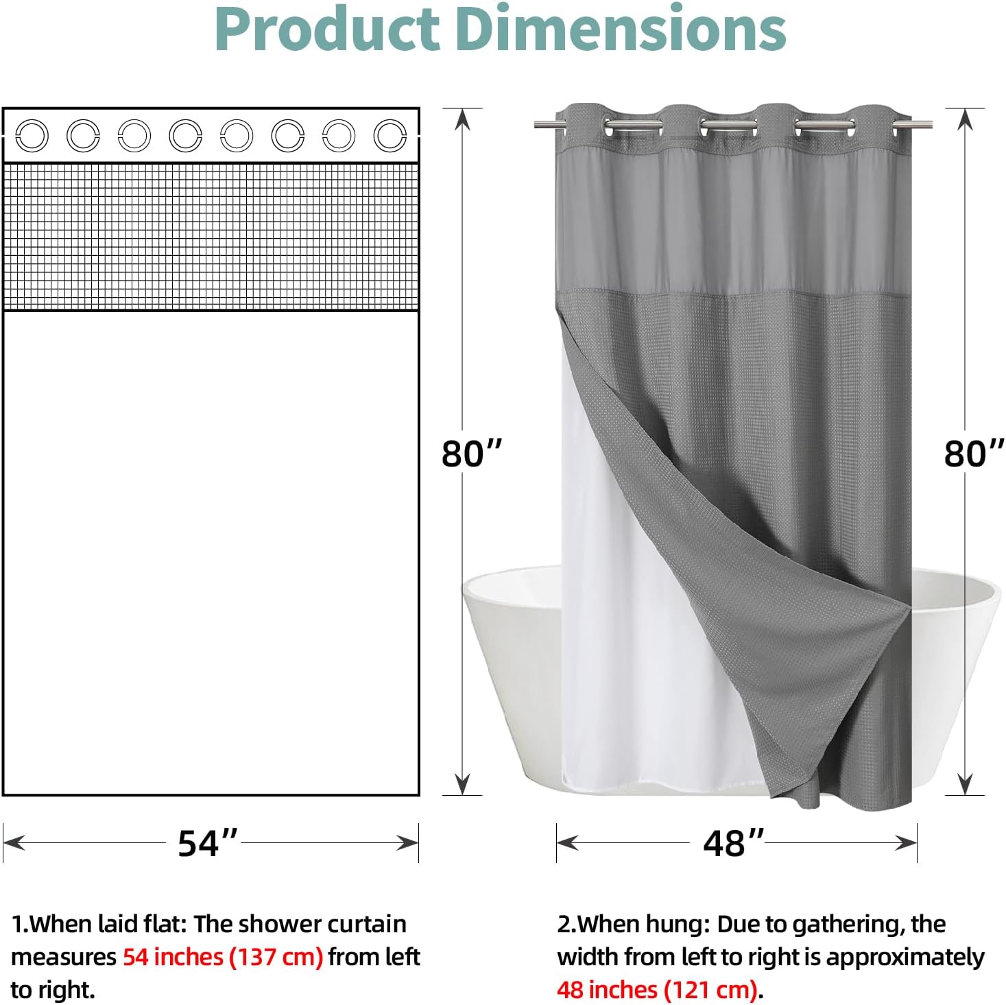 Modern Hotel Shower Curtain No Hooks Waffle Weave 54W x 80H