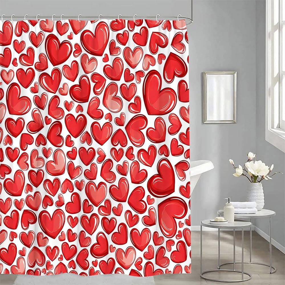 Red Heart Romantic Shower Curtain Set with Hooks for Valentines Day