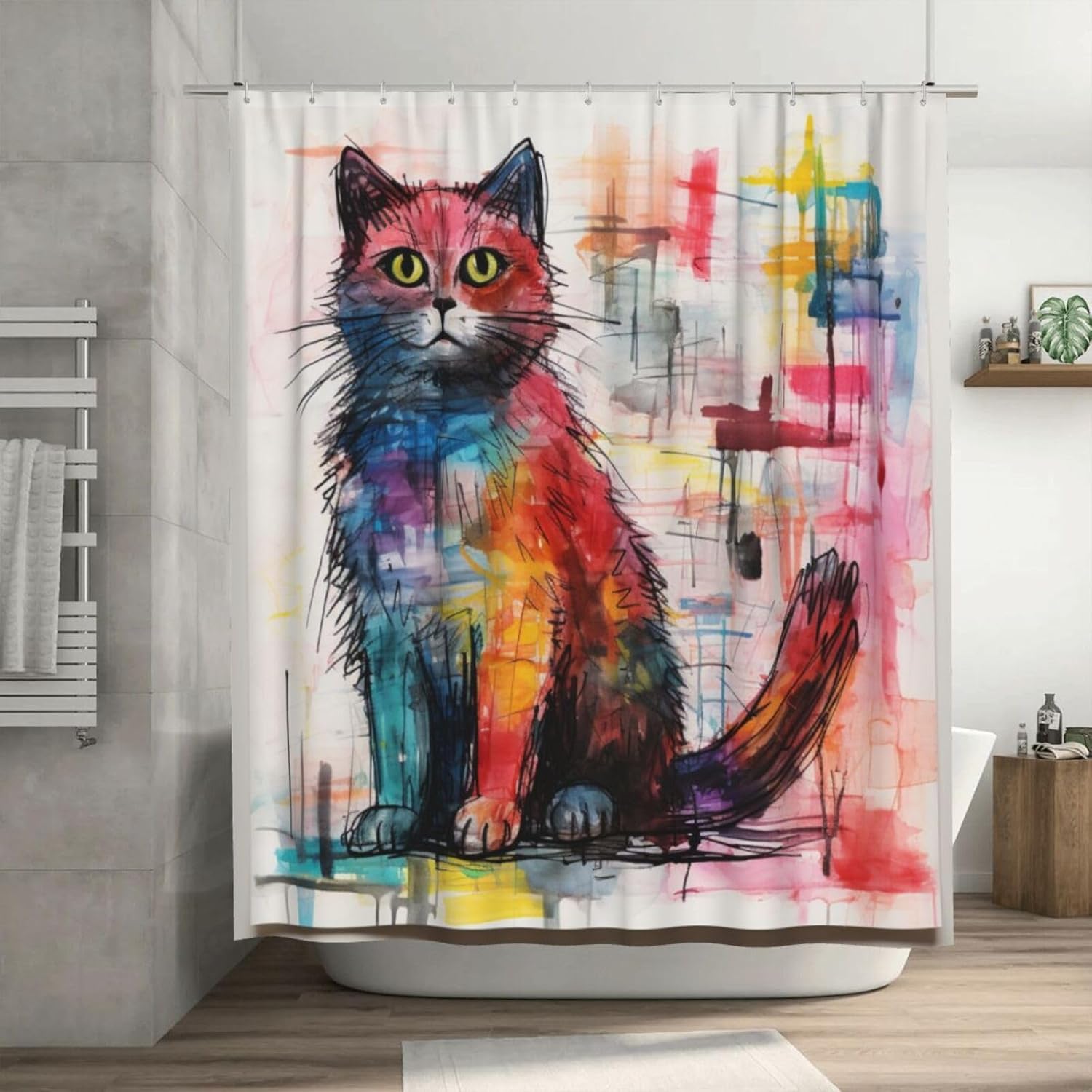 Cute Cat Shower Curtain with 12 Hooks 72x72in