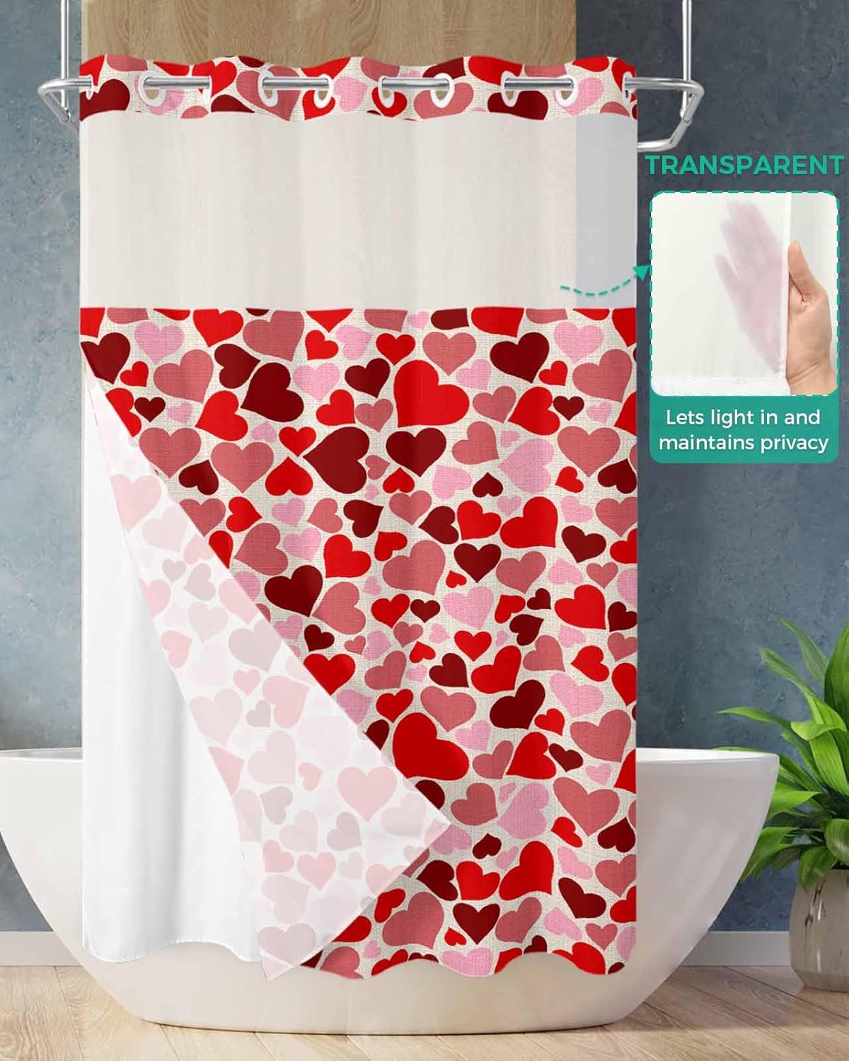 Luxury No Hook Shower Curtains - Red Pink Love Heart