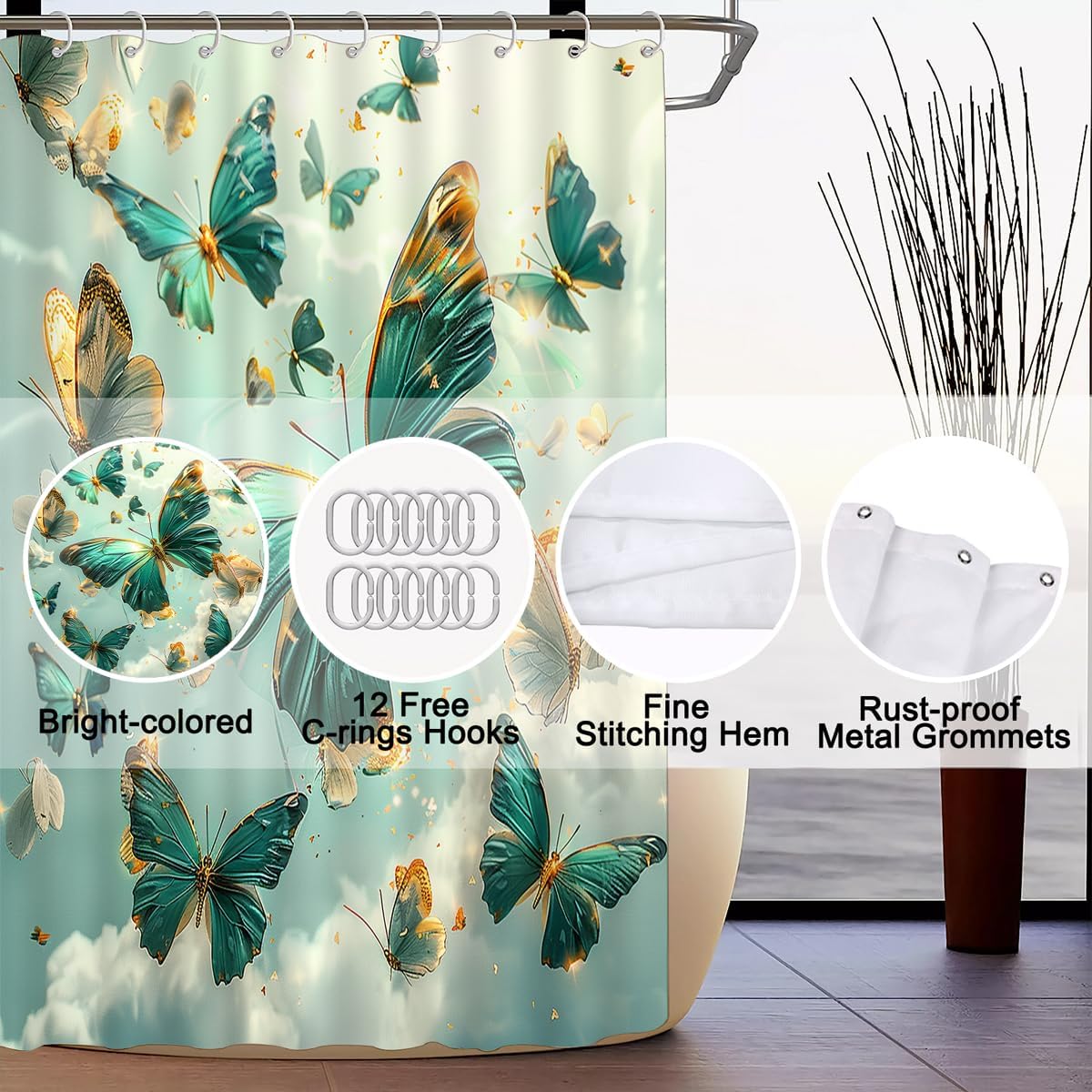 AlexEx 4-Piece Green Butterfly Shower Curtain Set