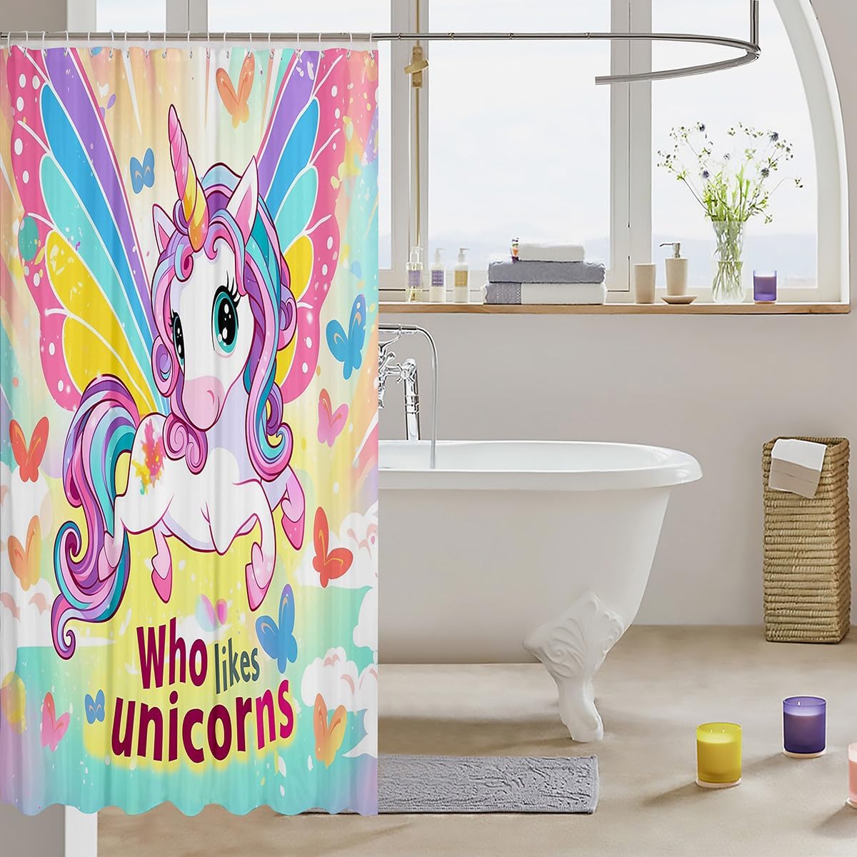 Erosebirdal Rainbow Unicorn Bath Curtain for Kids