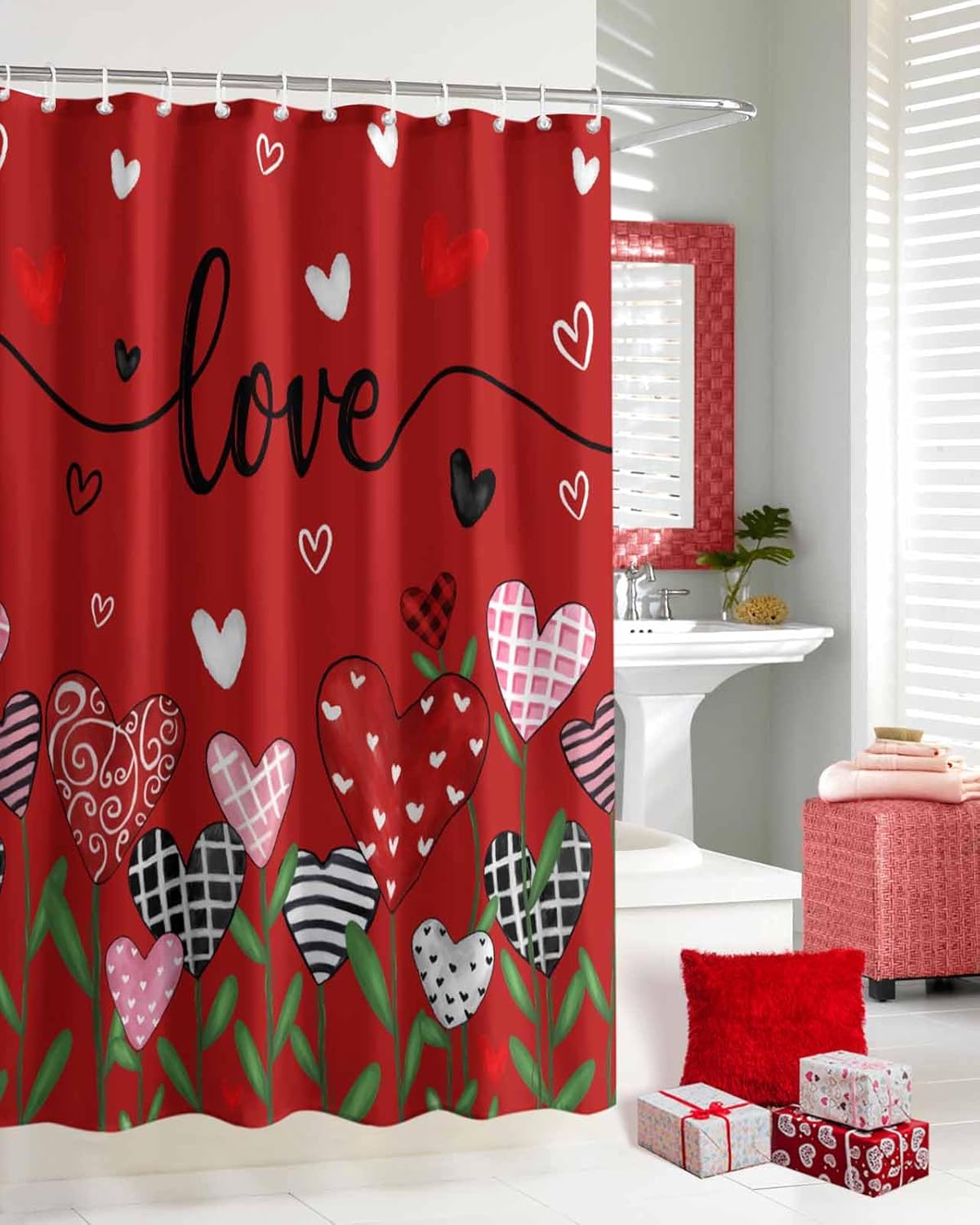72x72 Red Flower Shower Curtain Set with 12 Hooks