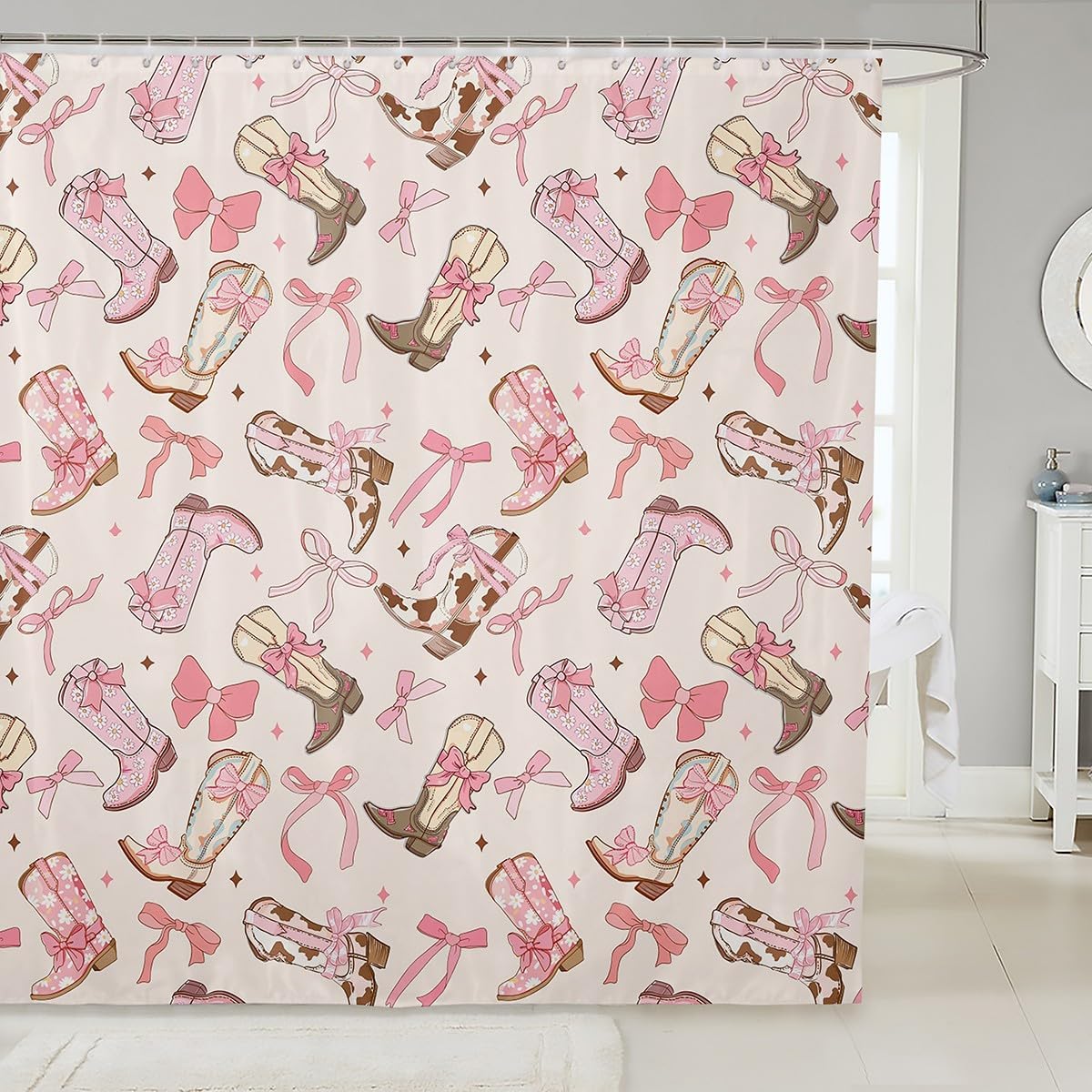 Stylish Pink Bow Shower Curtain 72x72 Set for Kids