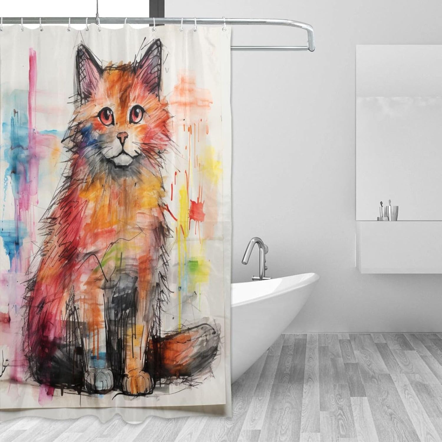Cute Cat Shower Curtain Set with 12 Hooks 72x72in