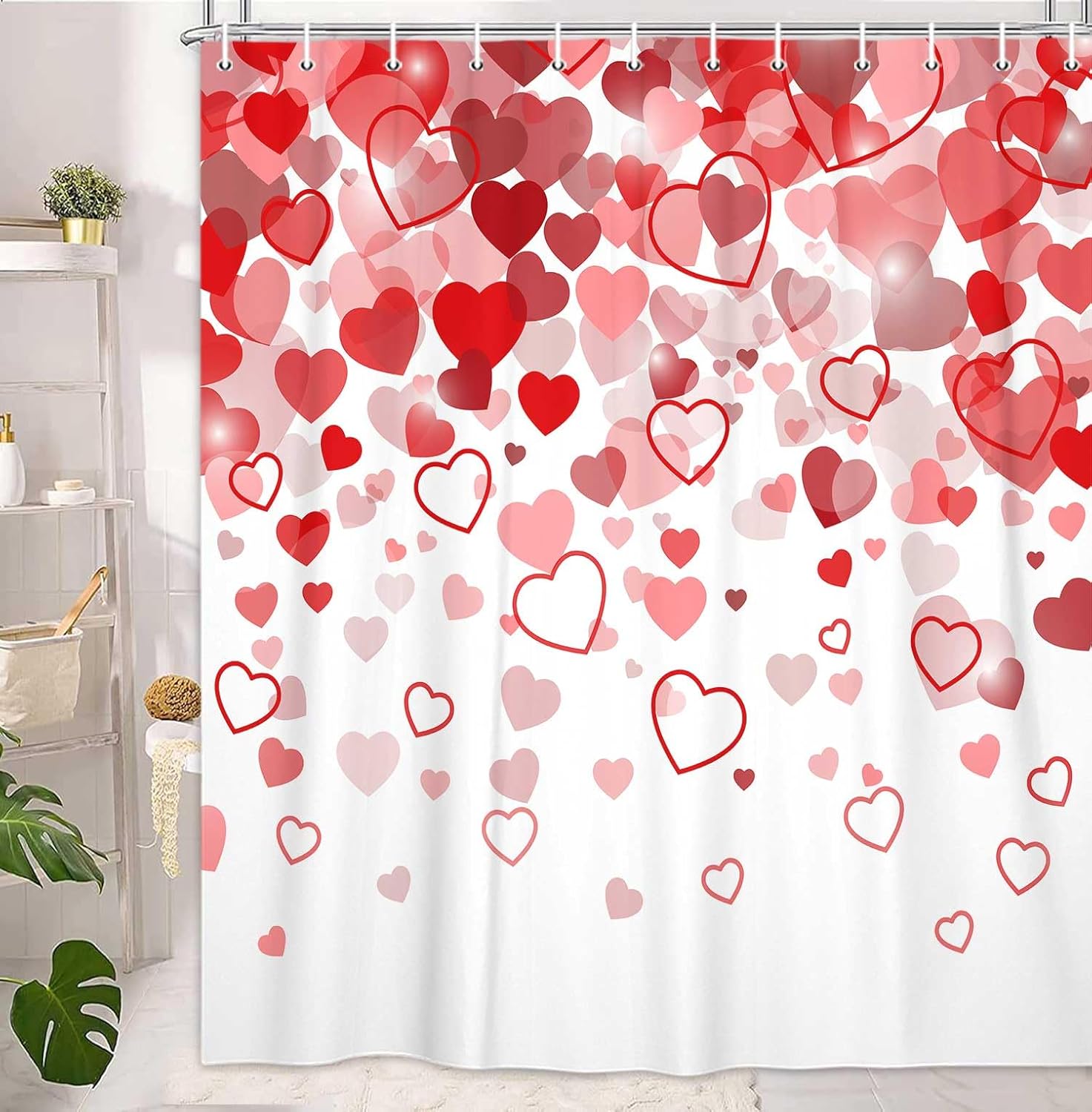 JAWO Valentines Red Heart Shower Curtain Set