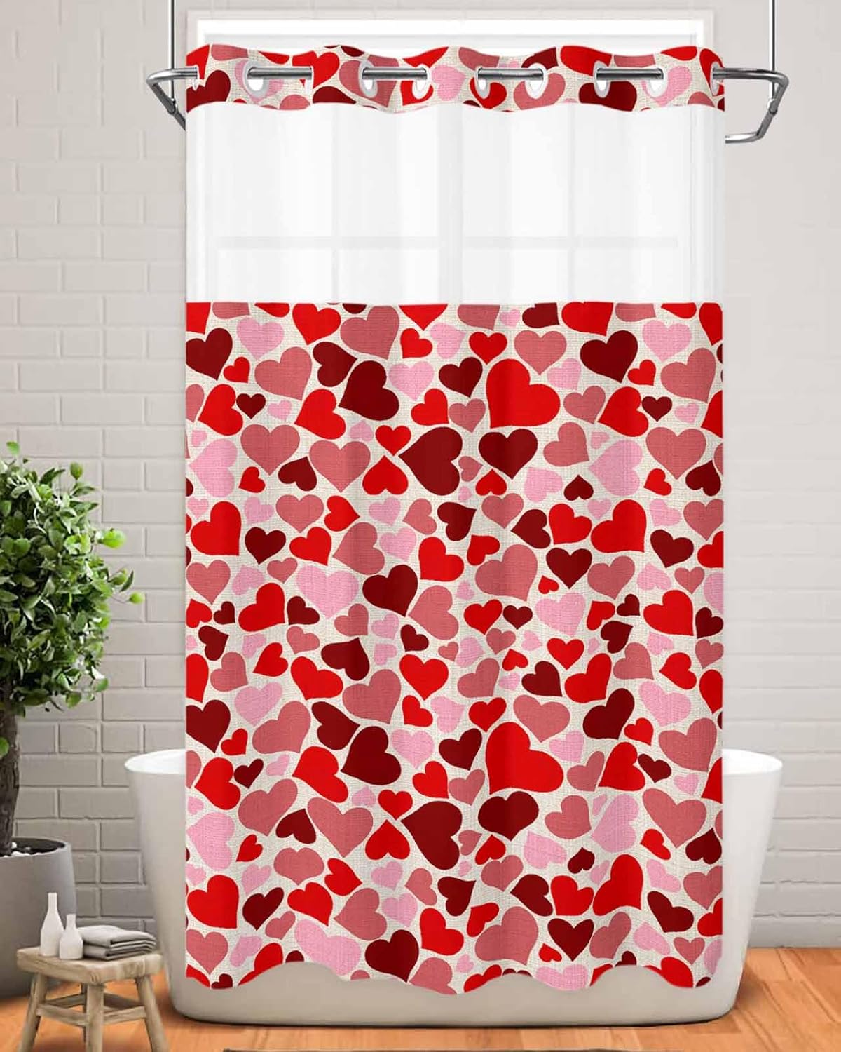 Luxury No Hook Shower Curtains - Red Pink Love Heart