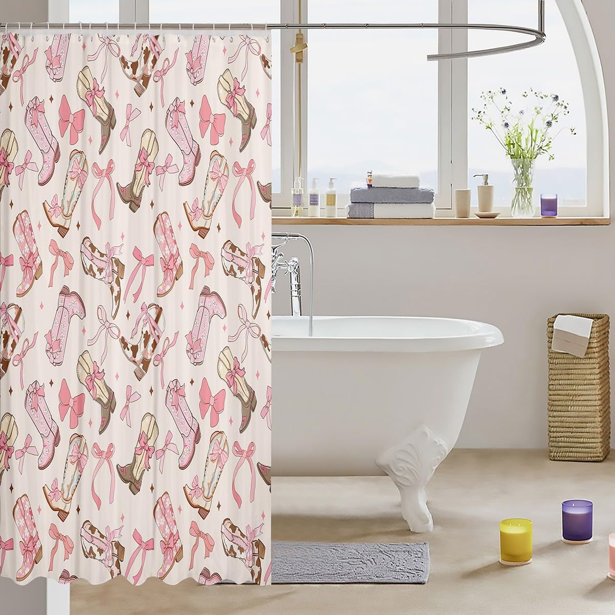 Stylish Pink Bow Shower Curtain 72x72 Set for Kids