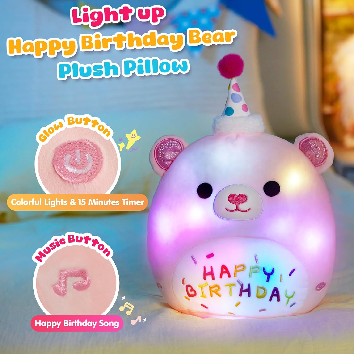 Happy Birthday Teddy Bear Glow Singing Plush Pillow
