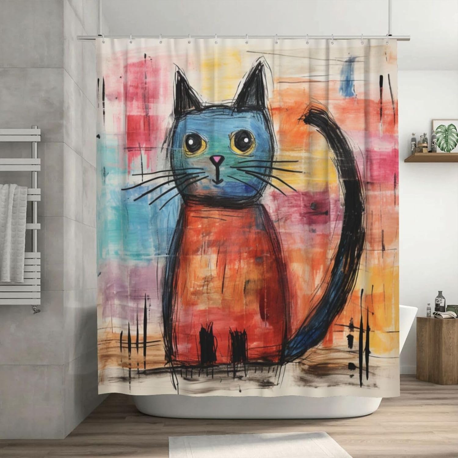 Cute Cat Shower Curtain Set Abstract Boho Design
