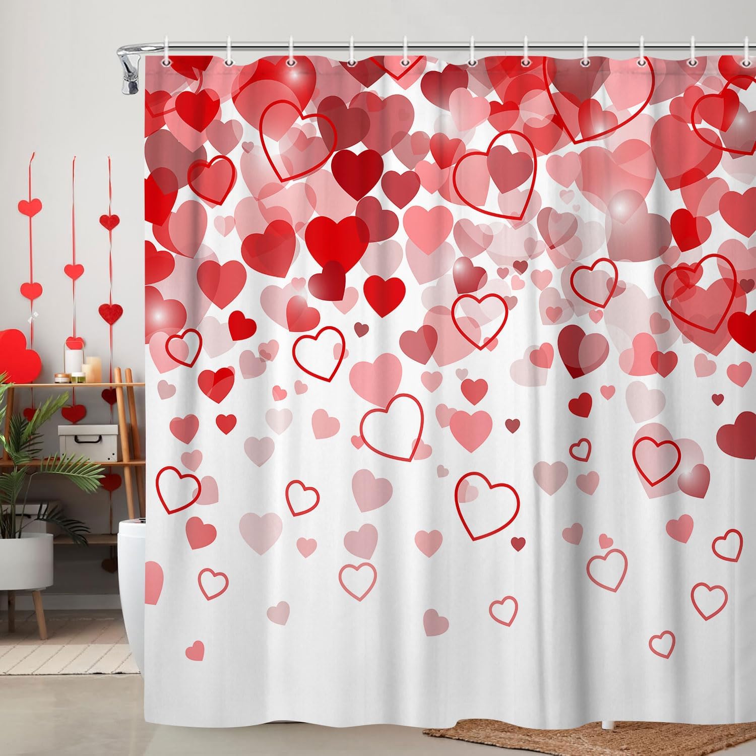 JAWO Valentines Red Heart Shower Curtain Set