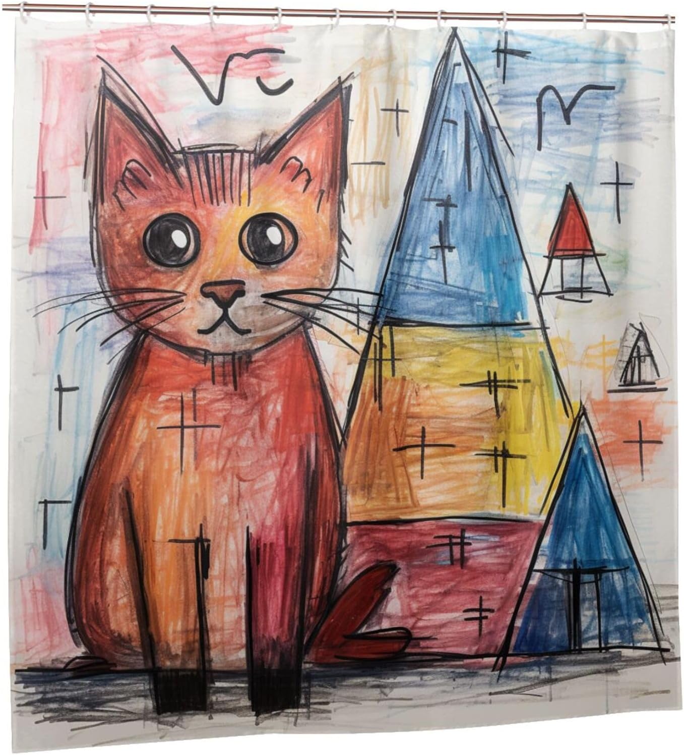 Cute Cat Shower Curtain Crayon Drawing Boho Set for Kids 72x72in