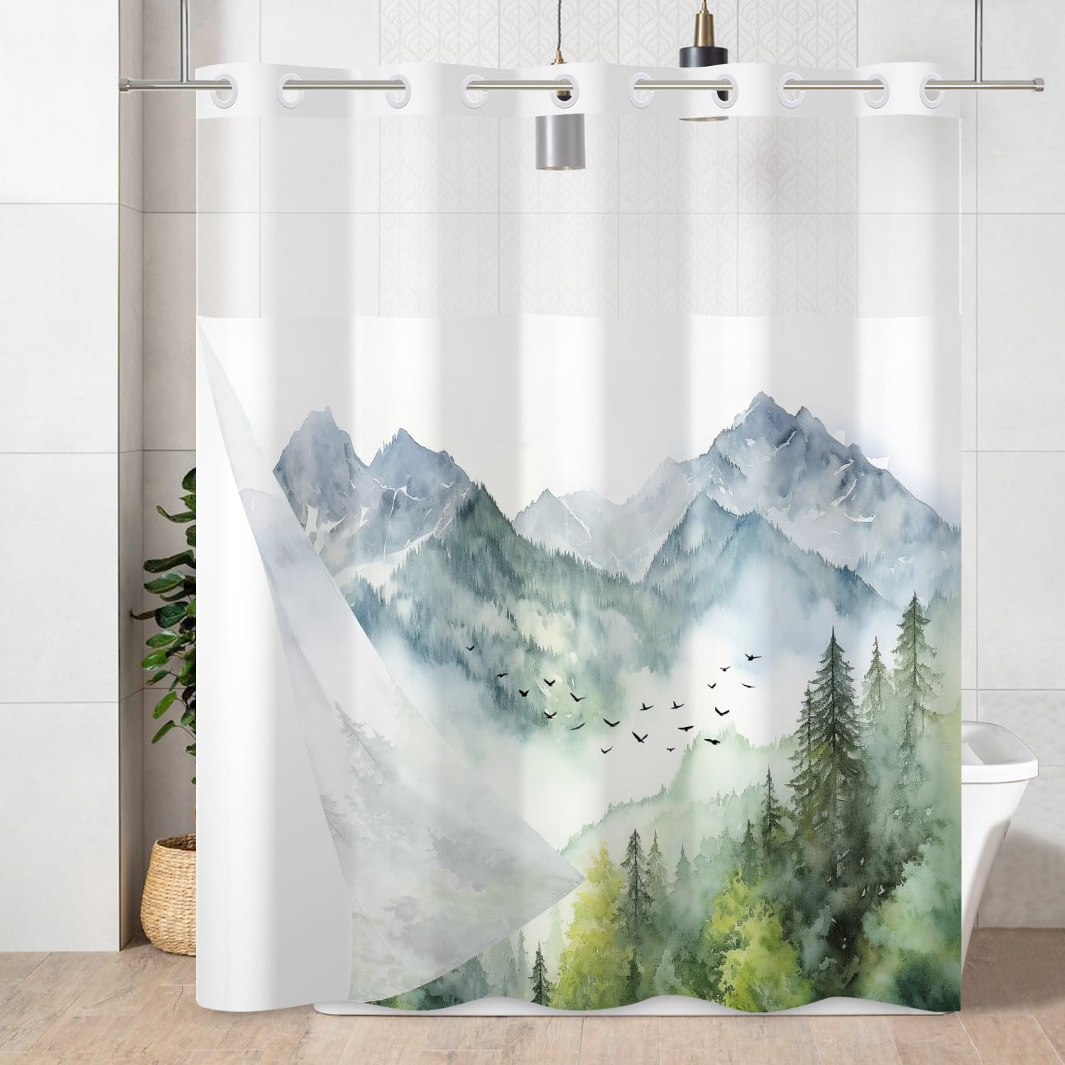 AWERT Misty Forest No Hook Shower Curtain with Liner