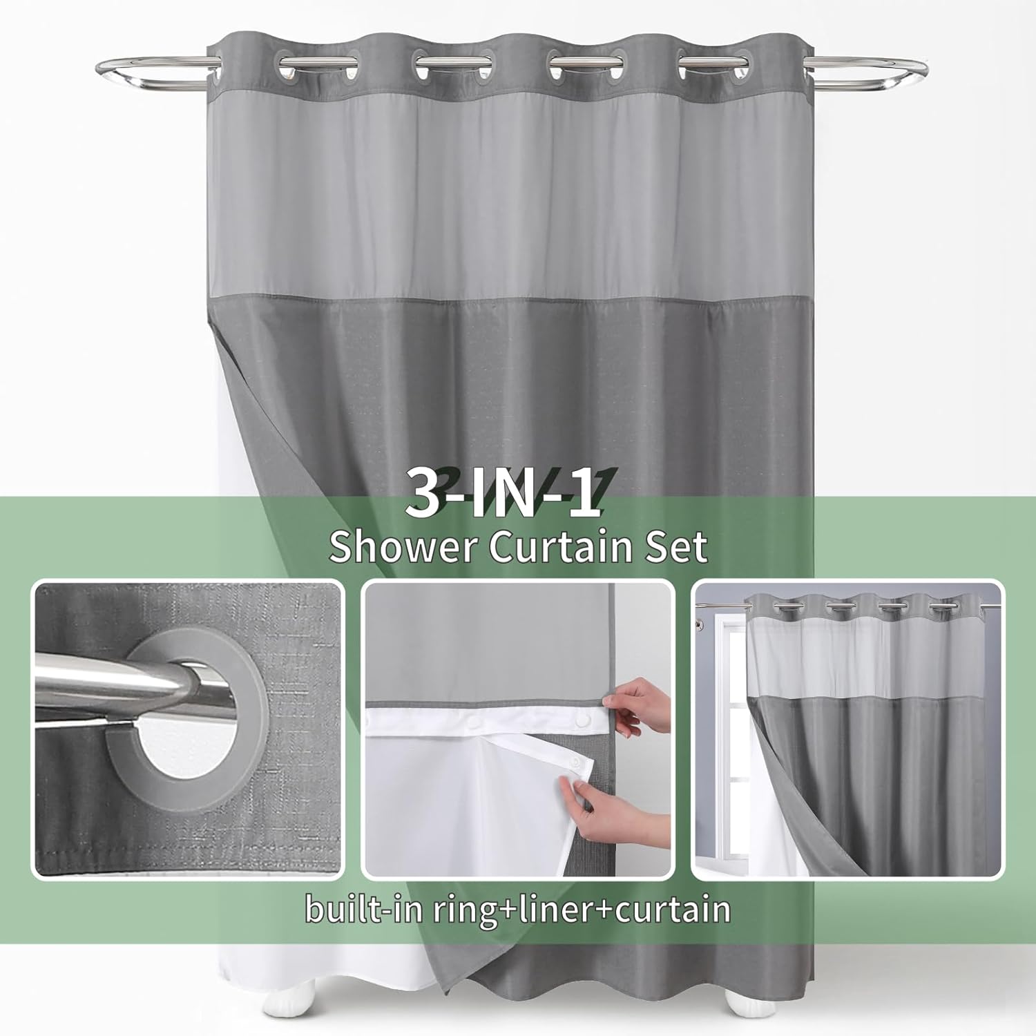 Luxury Hotel Quality Gray Shower Curtain with Liner