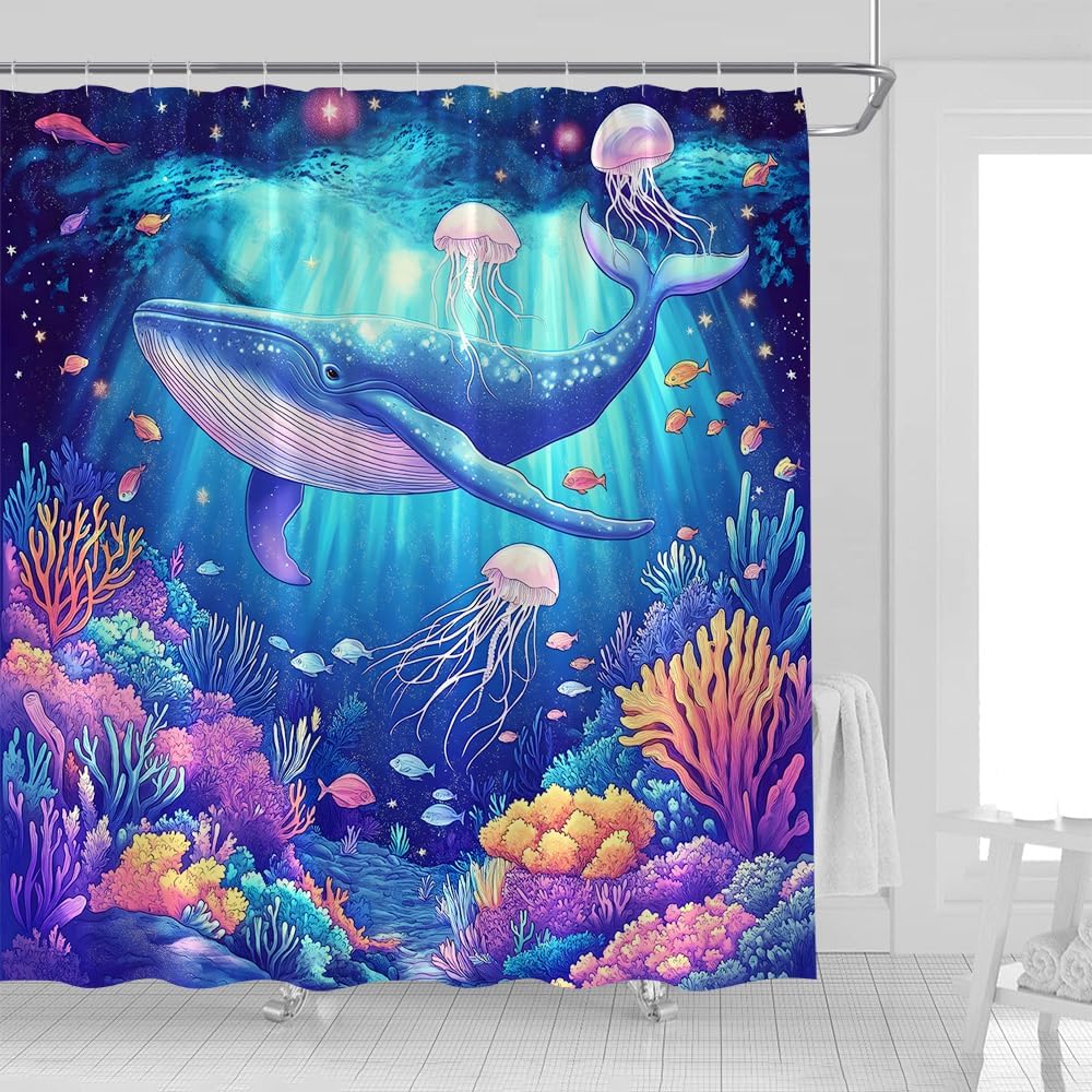 Fantasty Whale Bath Curtains Tropical Blue Ocean
