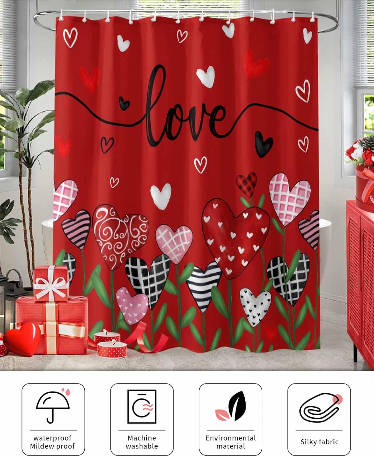 72x72 Red Flower Shower Curtain Set with 12 Hooks