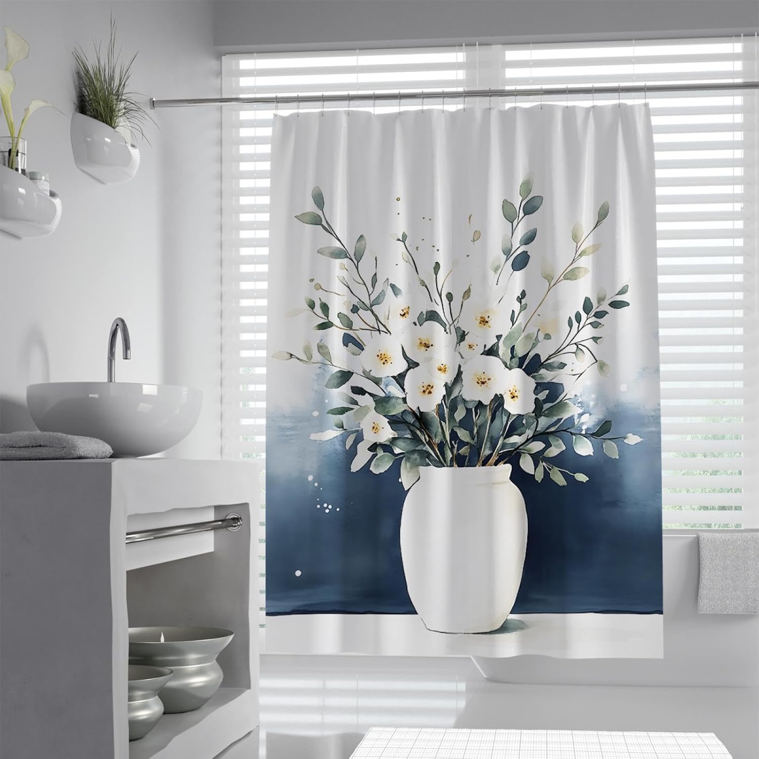 Modern White Porcelain Vase with Eucalyptus Leaves Shower Curtain