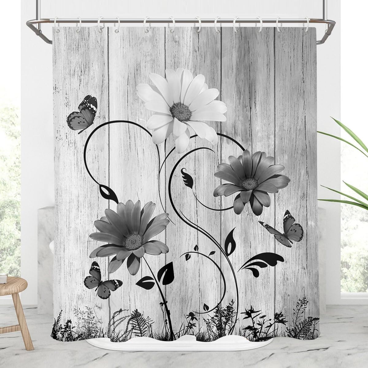 Stylish Floral Bath Curtain with Butterfly Leaves Design