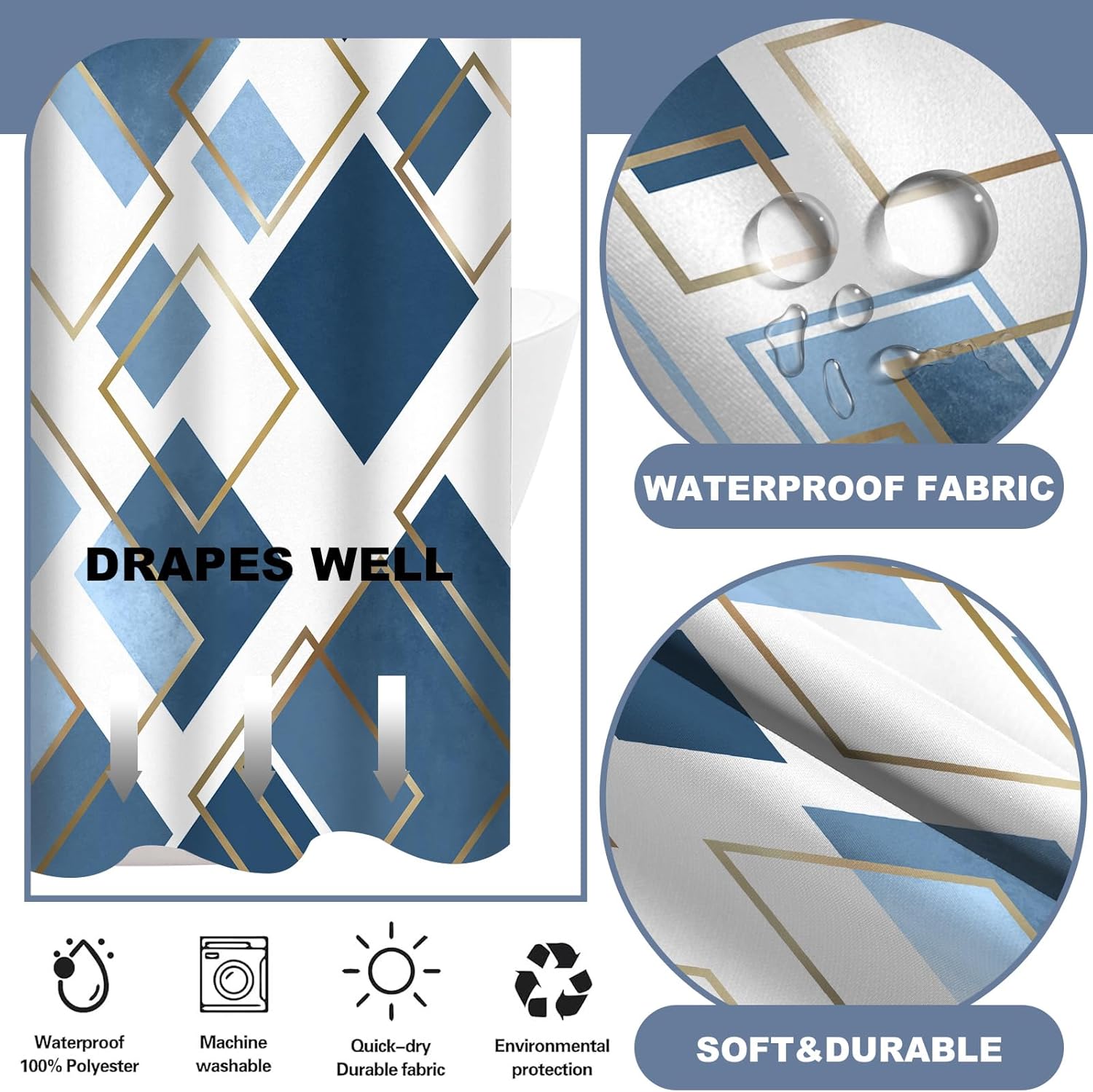 TWLSNCD No Hook Geometric Shower Curtain Set Navy Blue