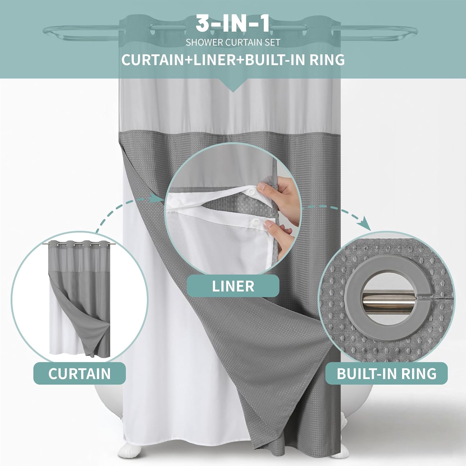 Modern Hotel Shower Curtain No Hooks Waffle Weave 54W x 80H