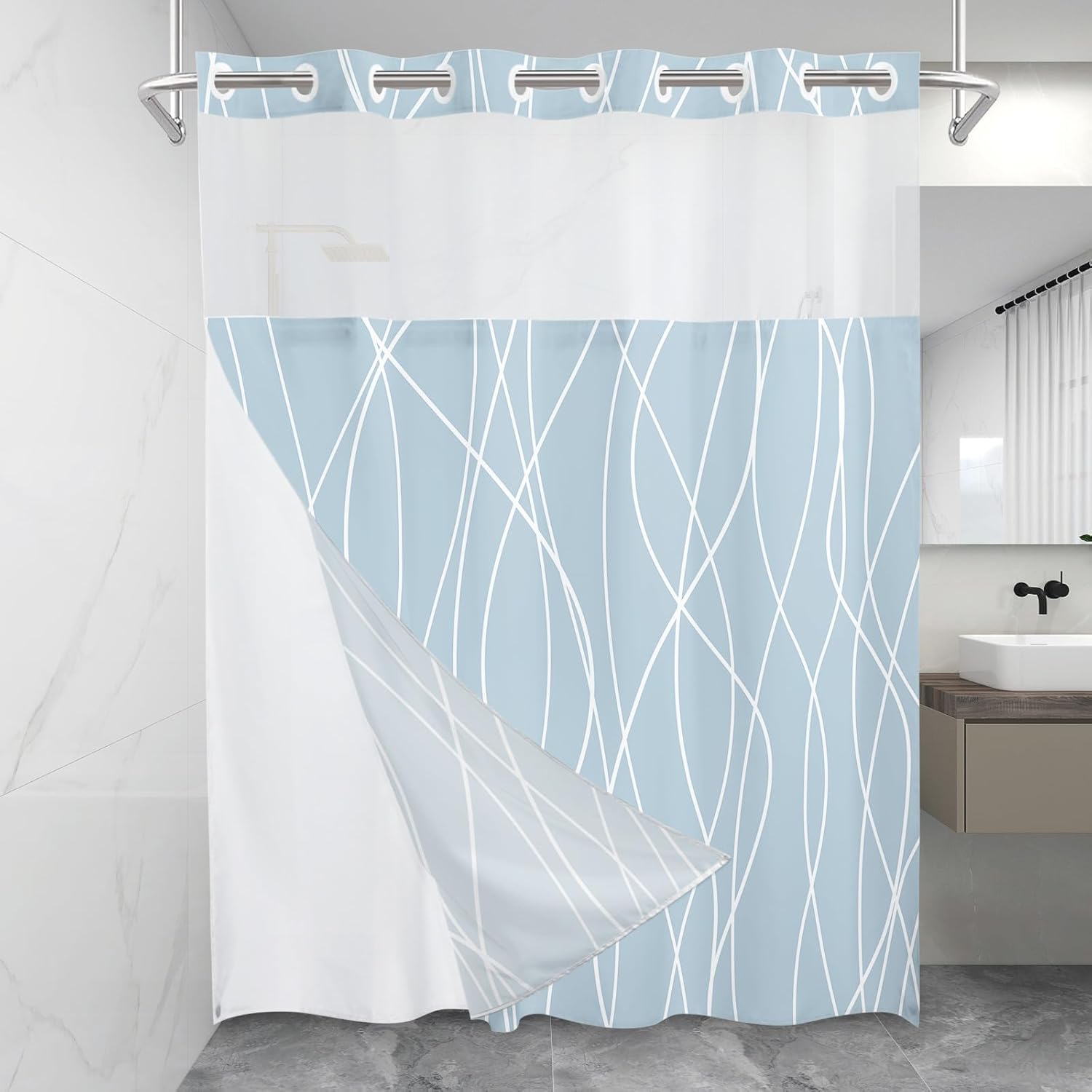 Sleek Blue Striped Shower Curtain Set