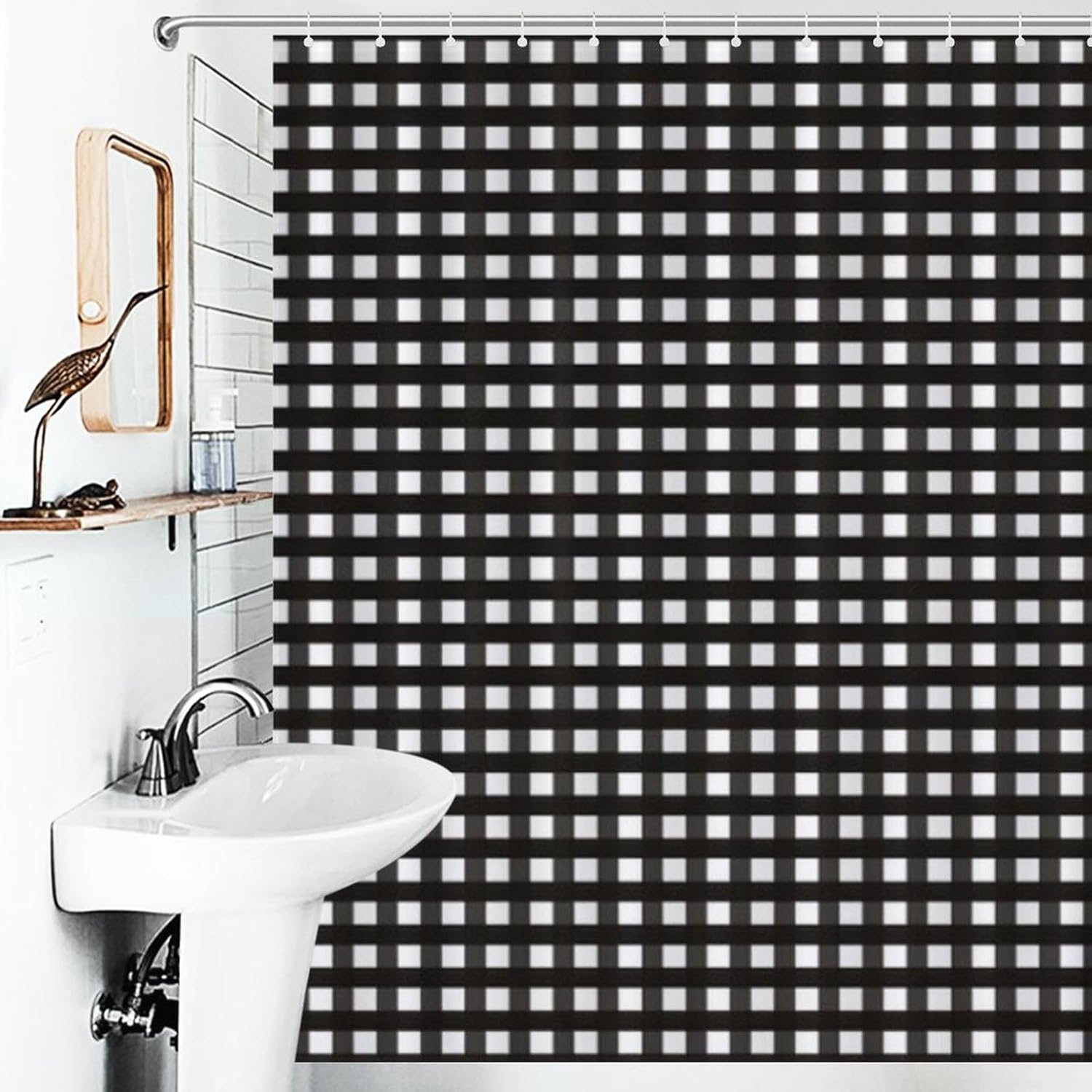 Nosarte Black Gingham Shower Curtain Set with 12 Hooks