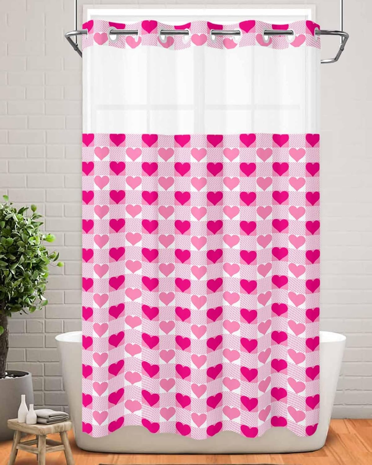 No-Hook Shower Curtain Set with Liner Valentine Pink Heart Design waterproof elegant