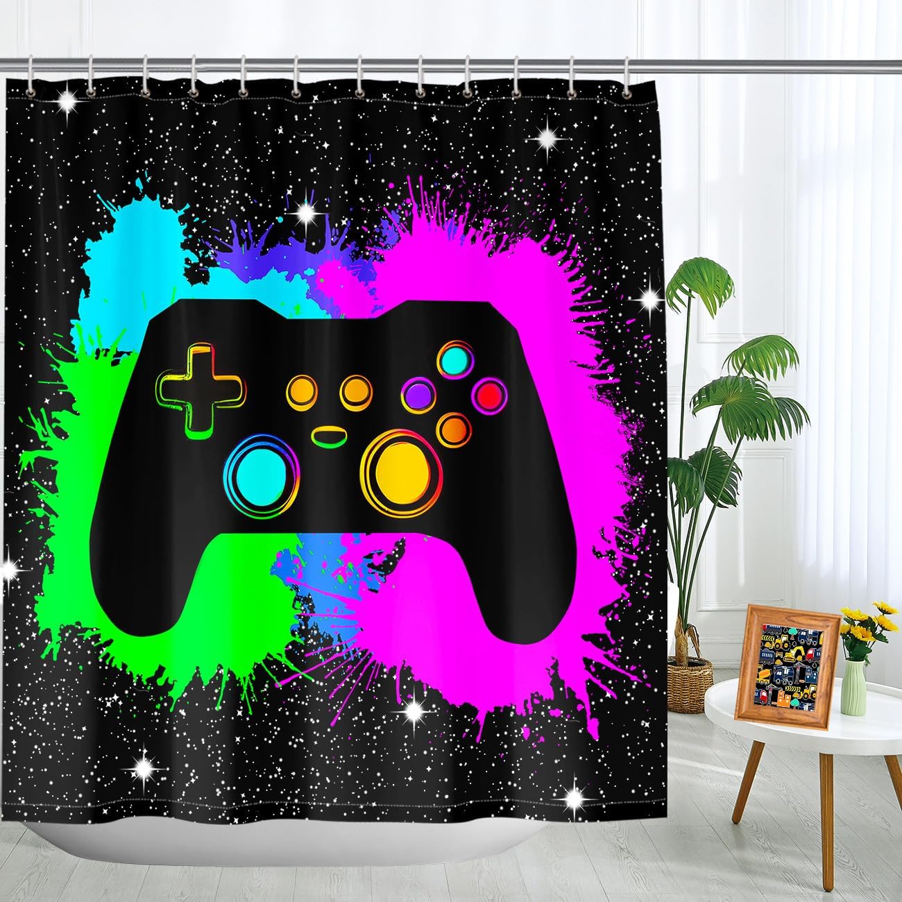 Boys Gaming Shower Curtain Set Graffiti Gamepad Themed - 12 HooksEasy Install