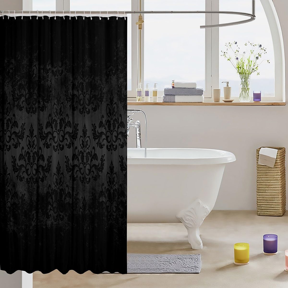 Feelyou Jacquard Bath Curtain Black Damask for Kids Boys Girls Teens Set