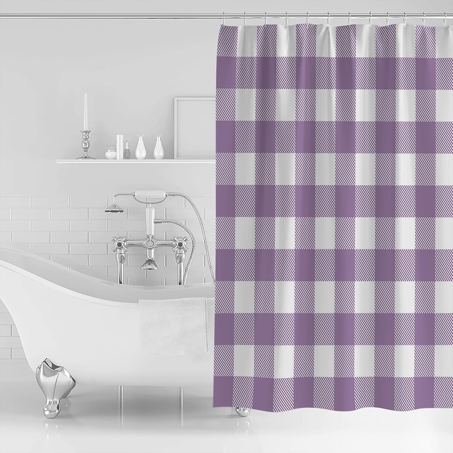 TocaHome 60x72in Purple and White Tartar Plaid Waterproof Shower Curtain Set