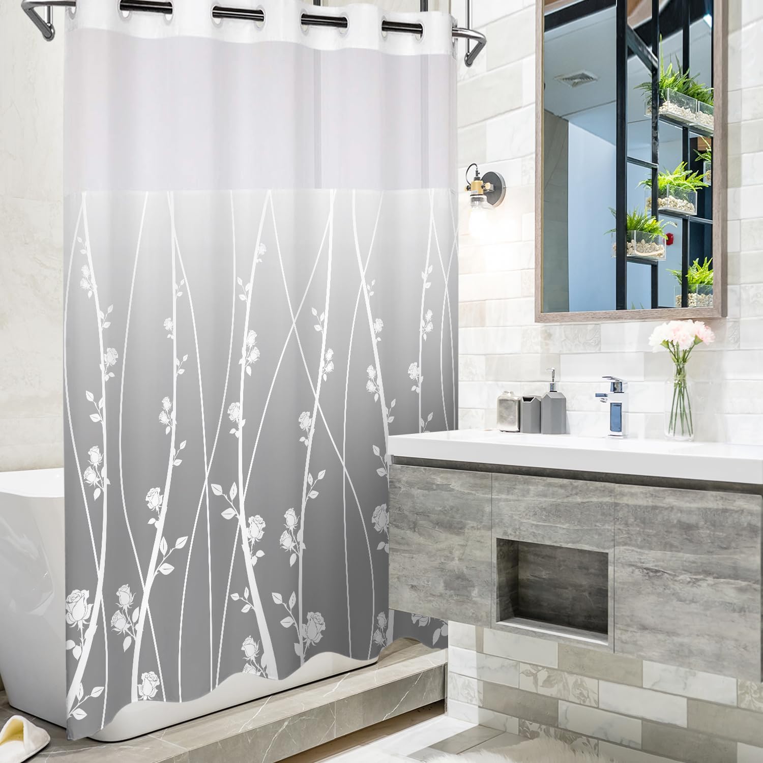 No Hook shower curtain set ombre floral grey fabric 71x74 inches