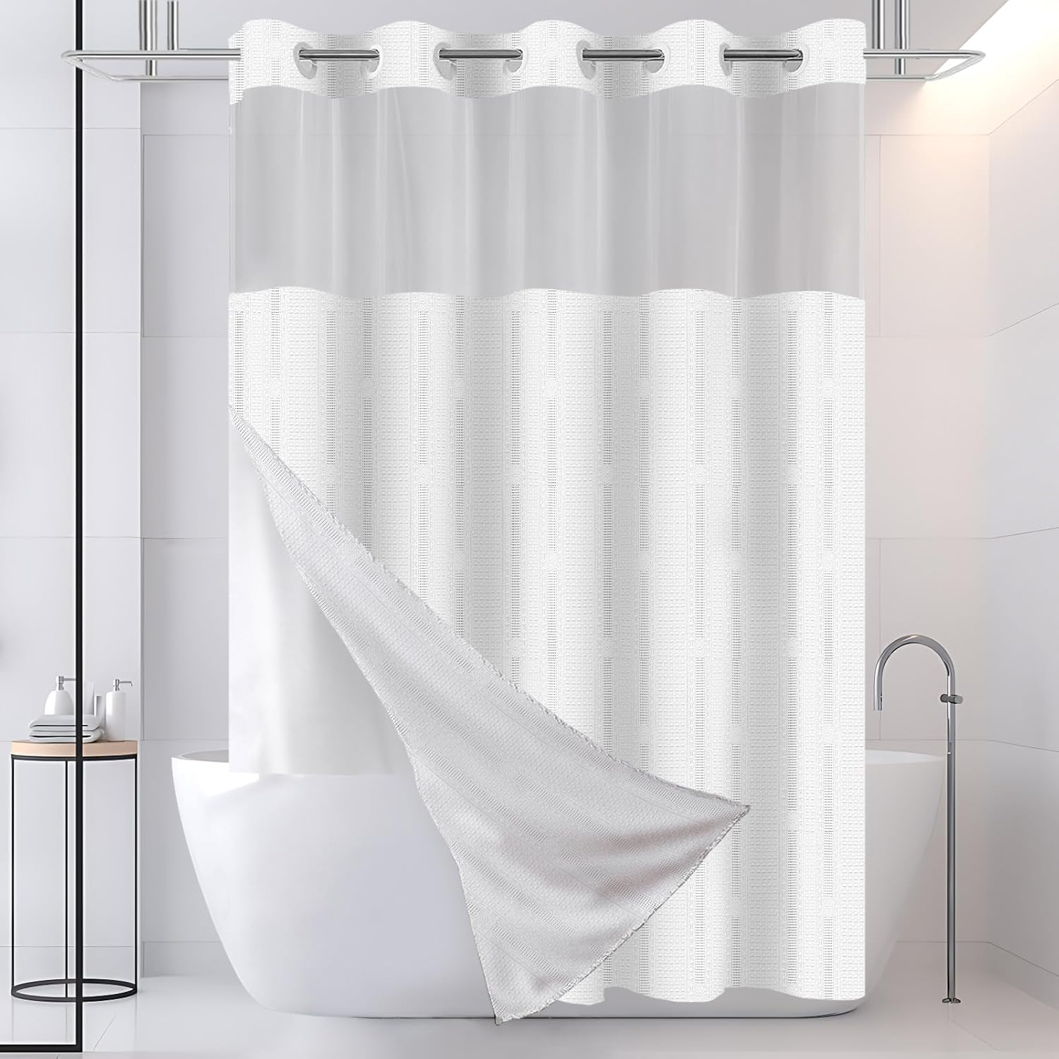 Heavy-Duty No Hook Waffle Weave Shower Curtain Hotel Quality White