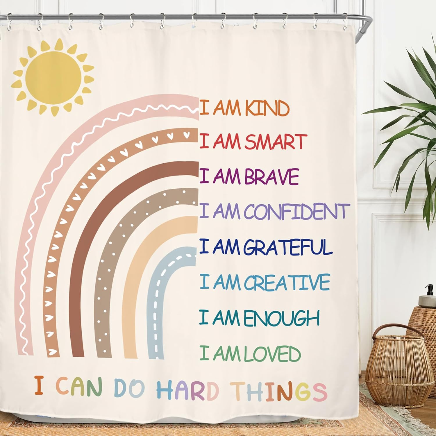 Miyotaa Rainbow Girls Bathroom Shower Curtain Set Pastel Inspirational Quotes