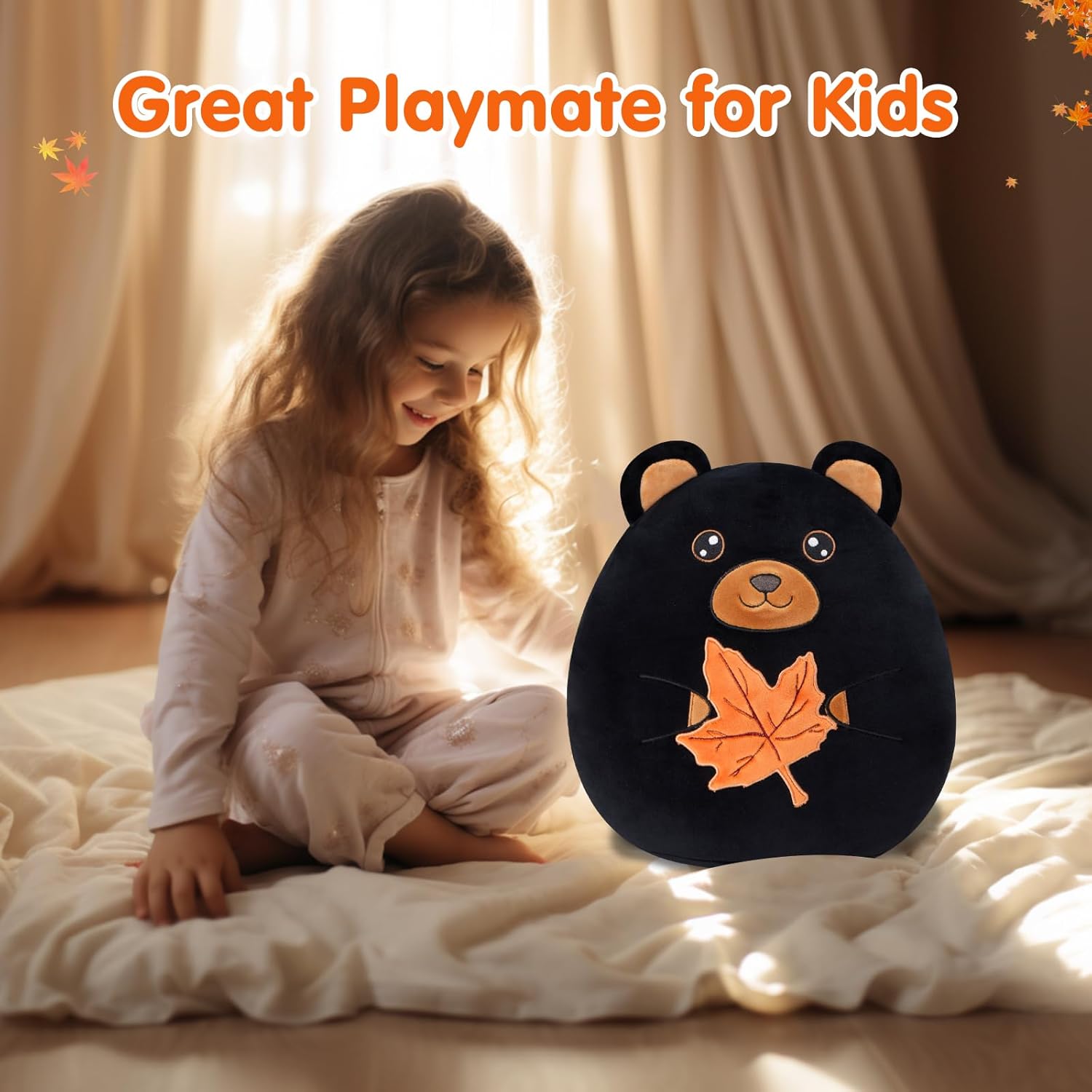 Wewill 12-Inch Black Bear Plush Pillow Cute Bear Holding Maple Leaf