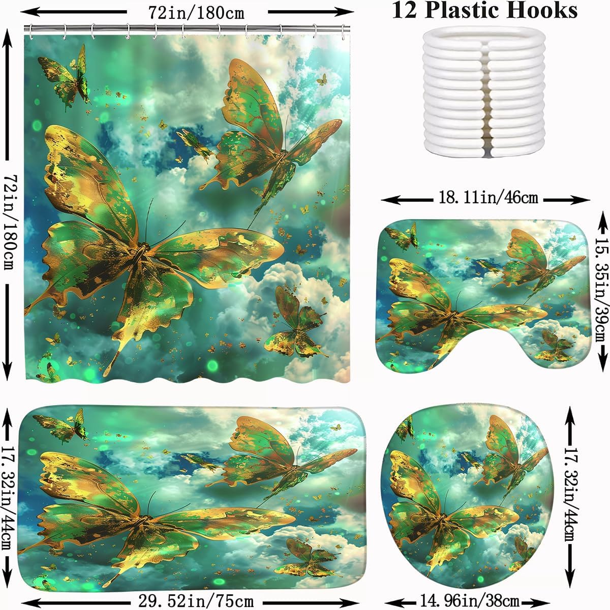 4 PCS Green Butterfly Shower Curtain Sets