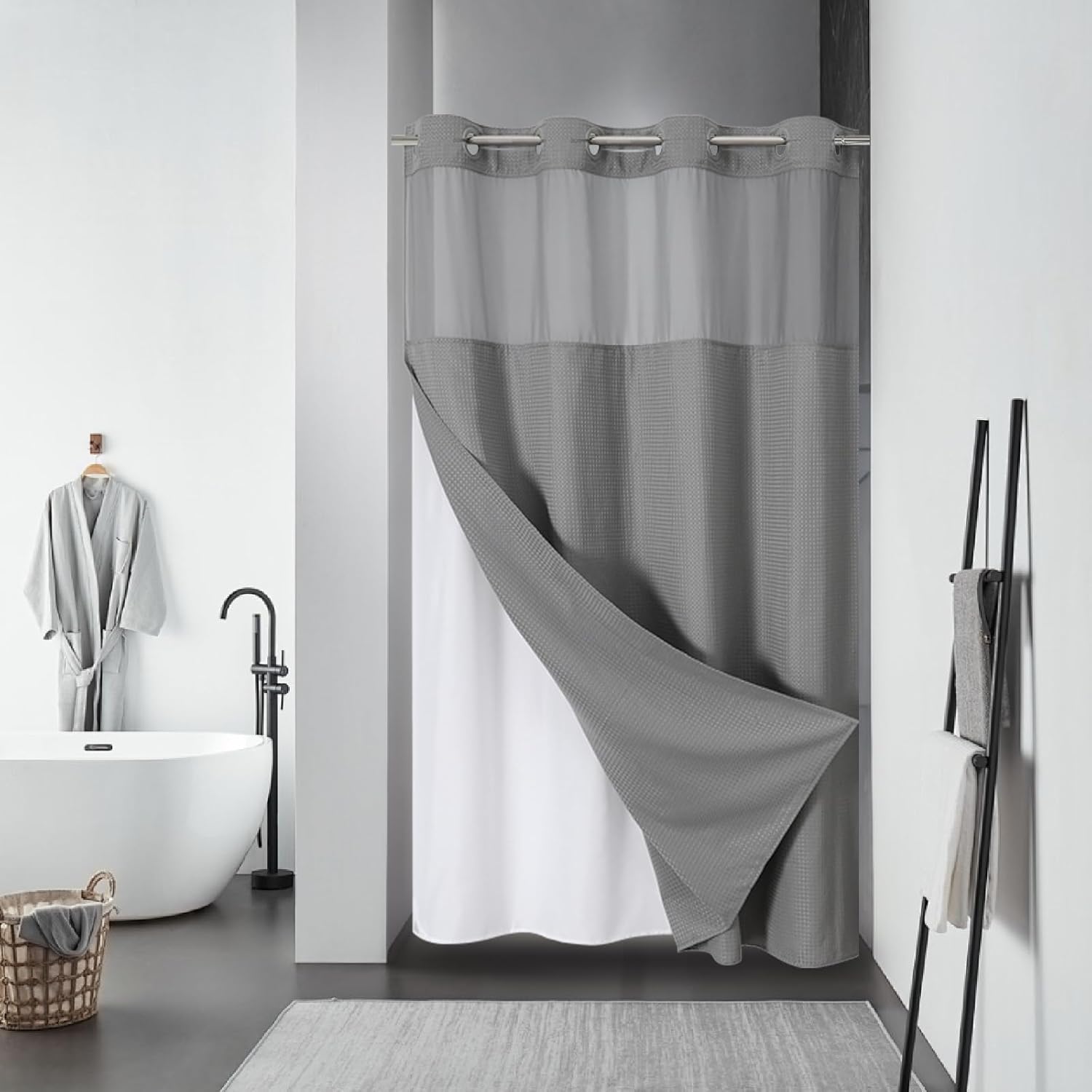 Modern Hotel Shower Curtain No Hooks Waffle Weave 54W x 80H