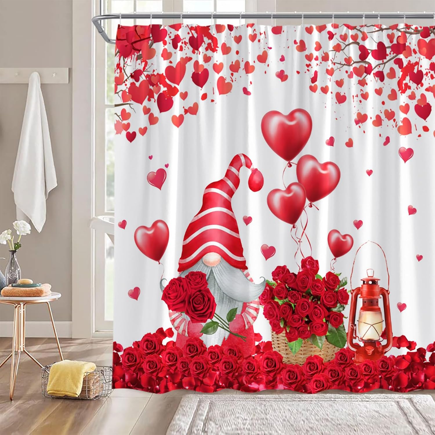 Valentines Day Gnome Shower Curtain Red Pink Roses
