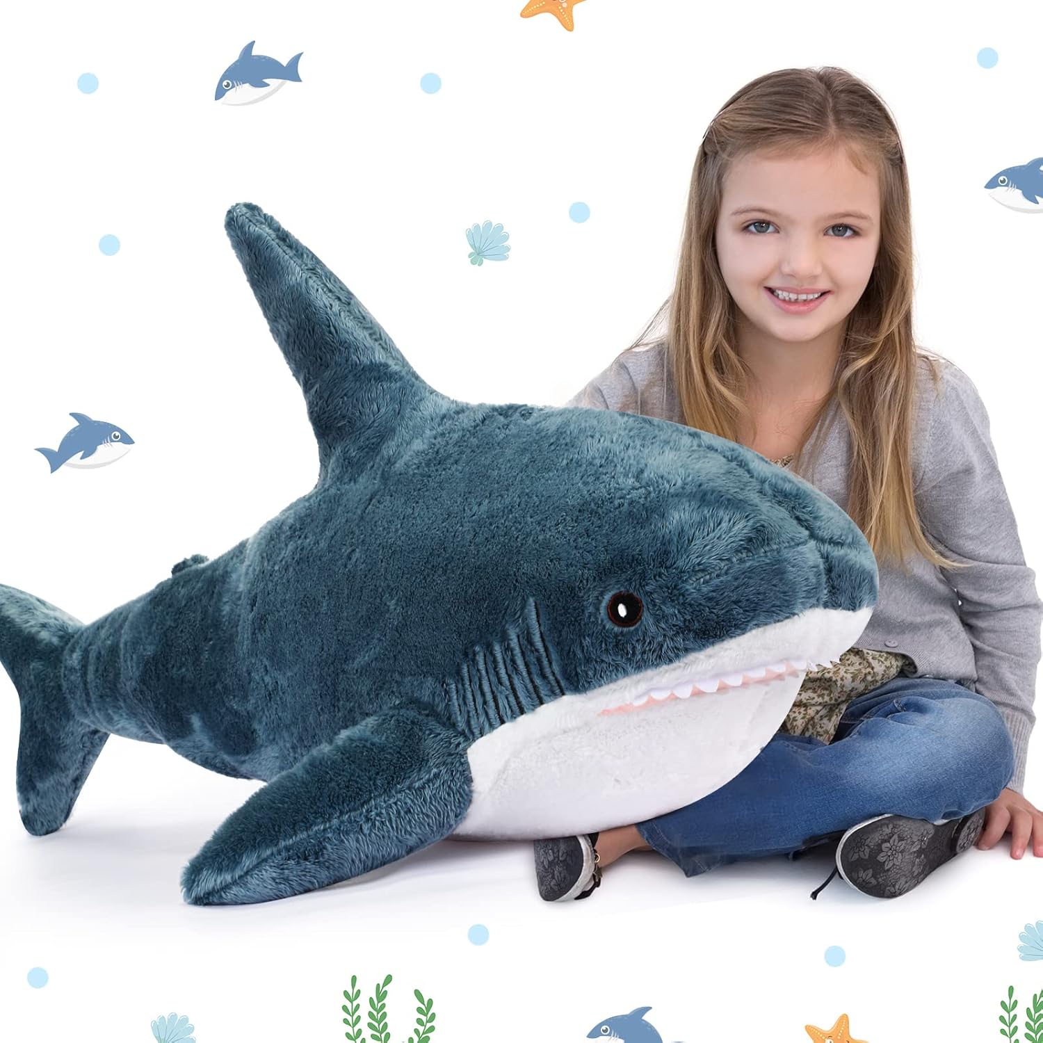 Big Blue Shark Plush Pillow for Kids and Adults - Oceanic Marine Toy