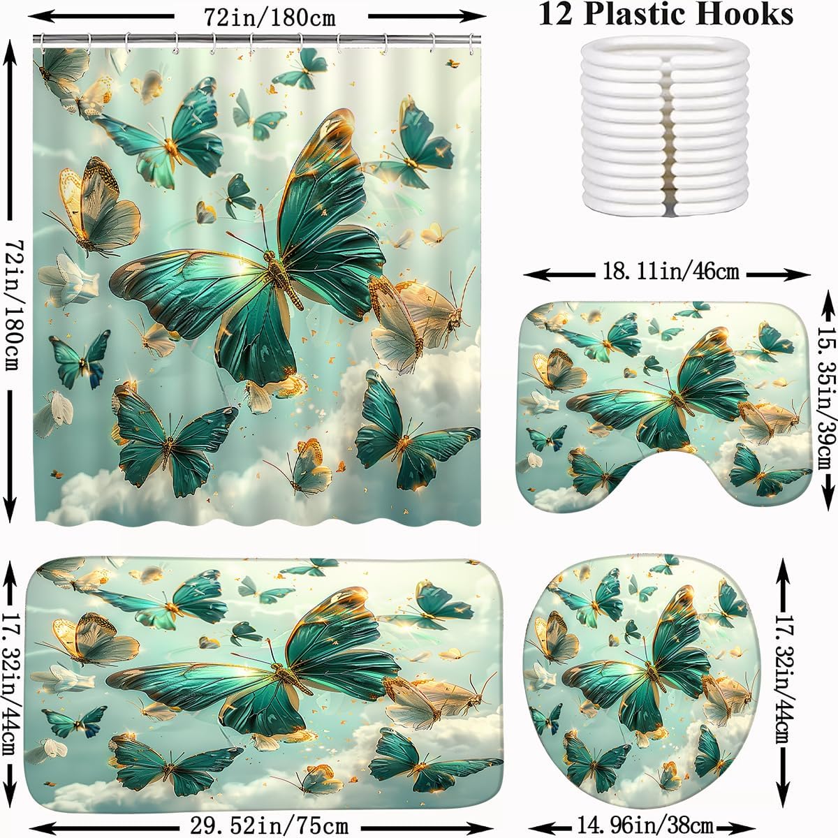 AlexEx 4-Piece Green Butterfly Shower Curtain Set