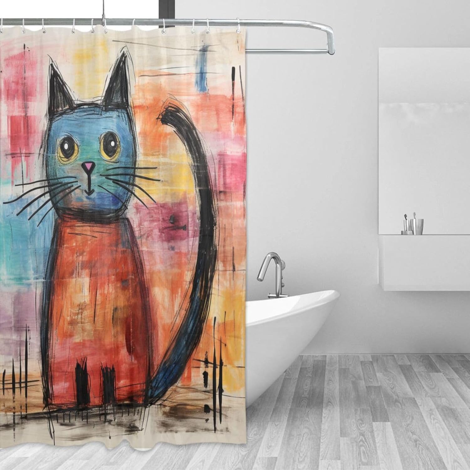 Cute Cat Shower Curtain Set Abstract Boho Design