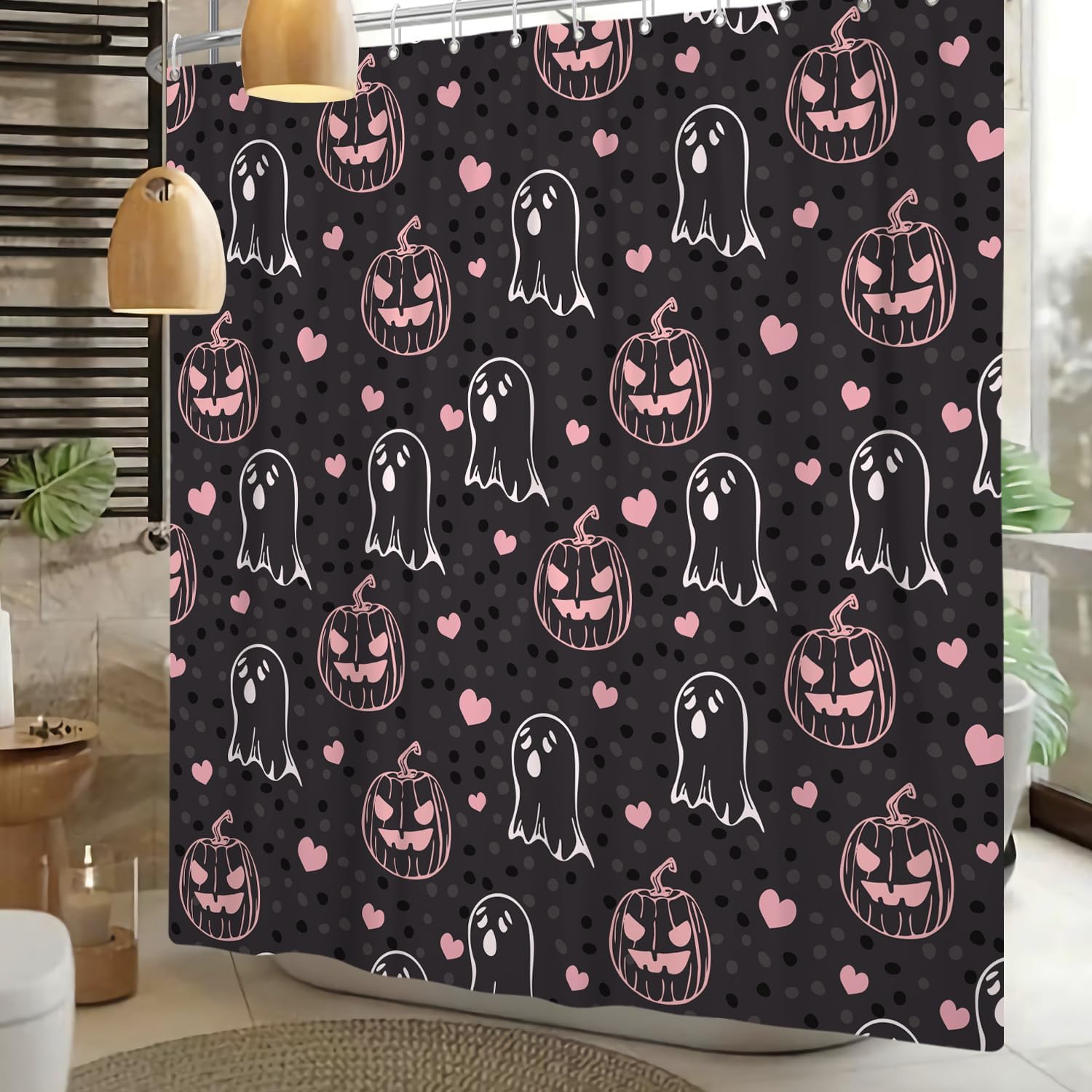 Sillsloso Halloween Pink Ghost Pumpkin Bathroom Curtain Waterproof 60x72 inch