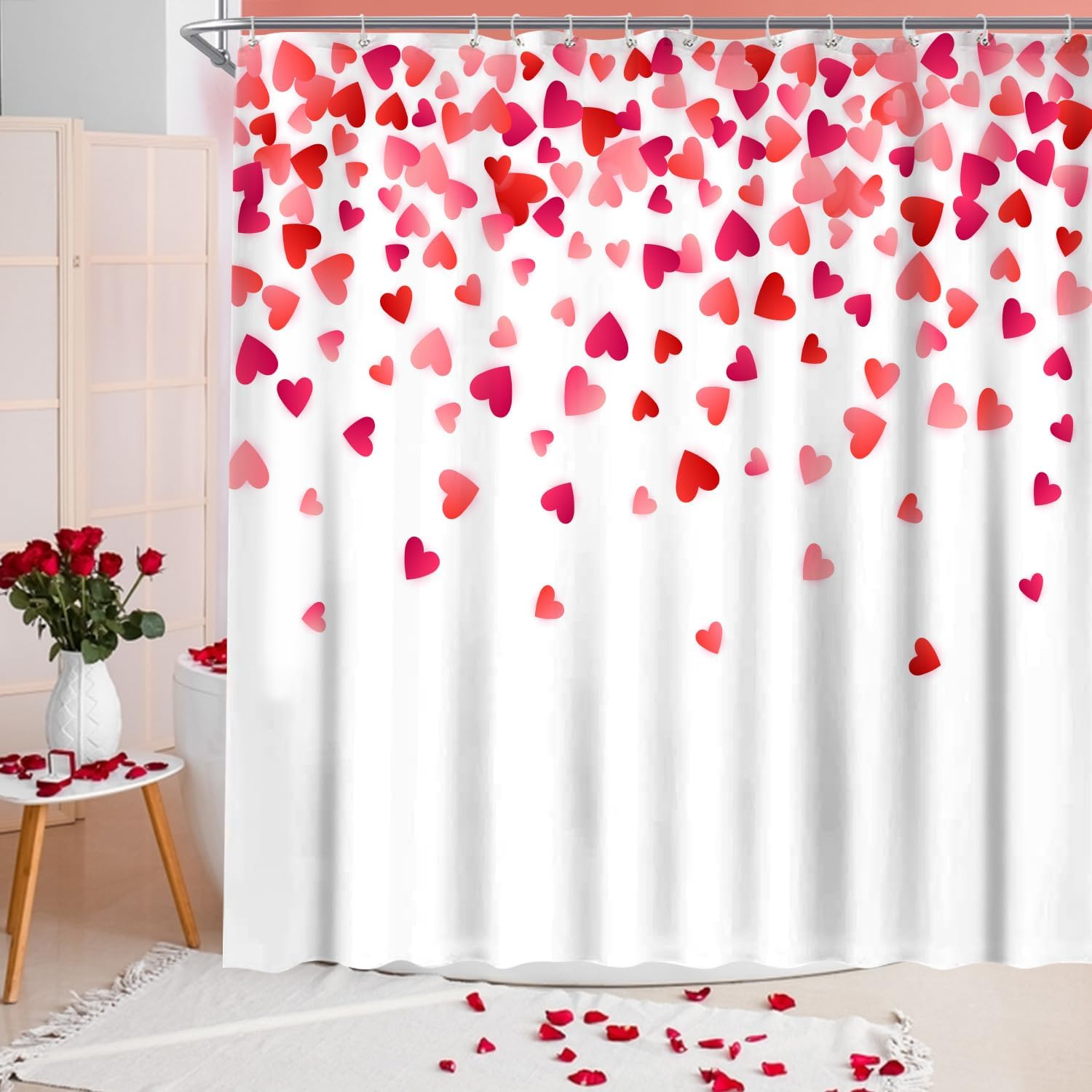 Stylish Valentines Day Shower Curtain with Falling Red Hearts for Your Bathroom